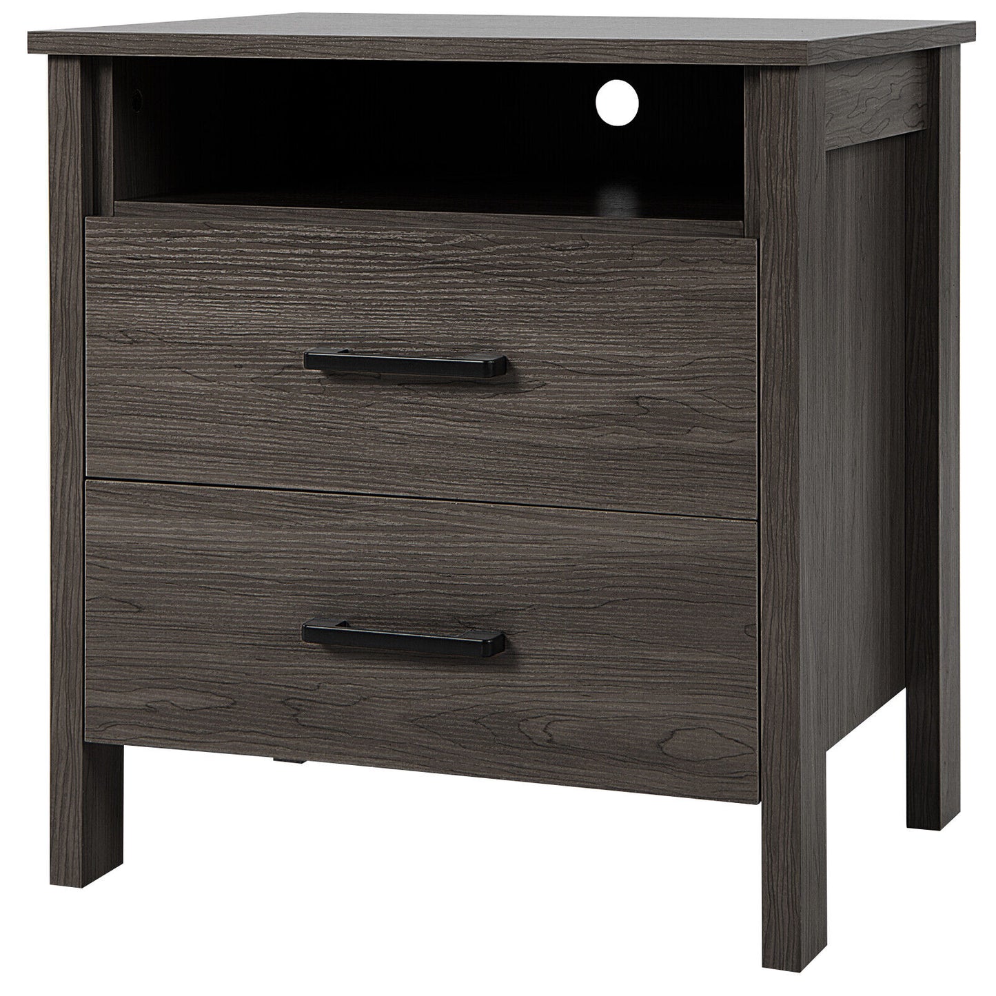 Multifunctional Side Table with 2 Drawers, Open Shelf, and Cable Organizer – Walnut