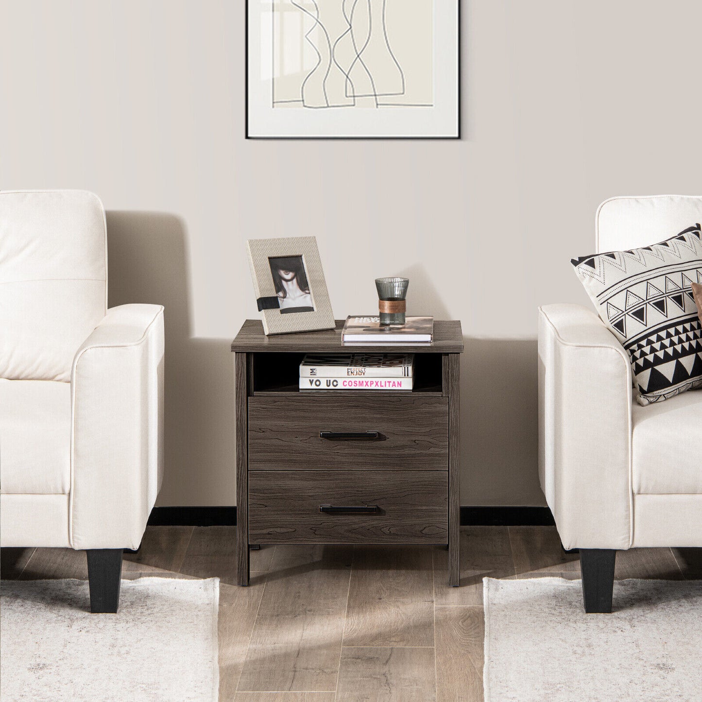 Multifunctional Side Table with 2 Drawers, Open Shelf, and Cable Organizer – Walnut