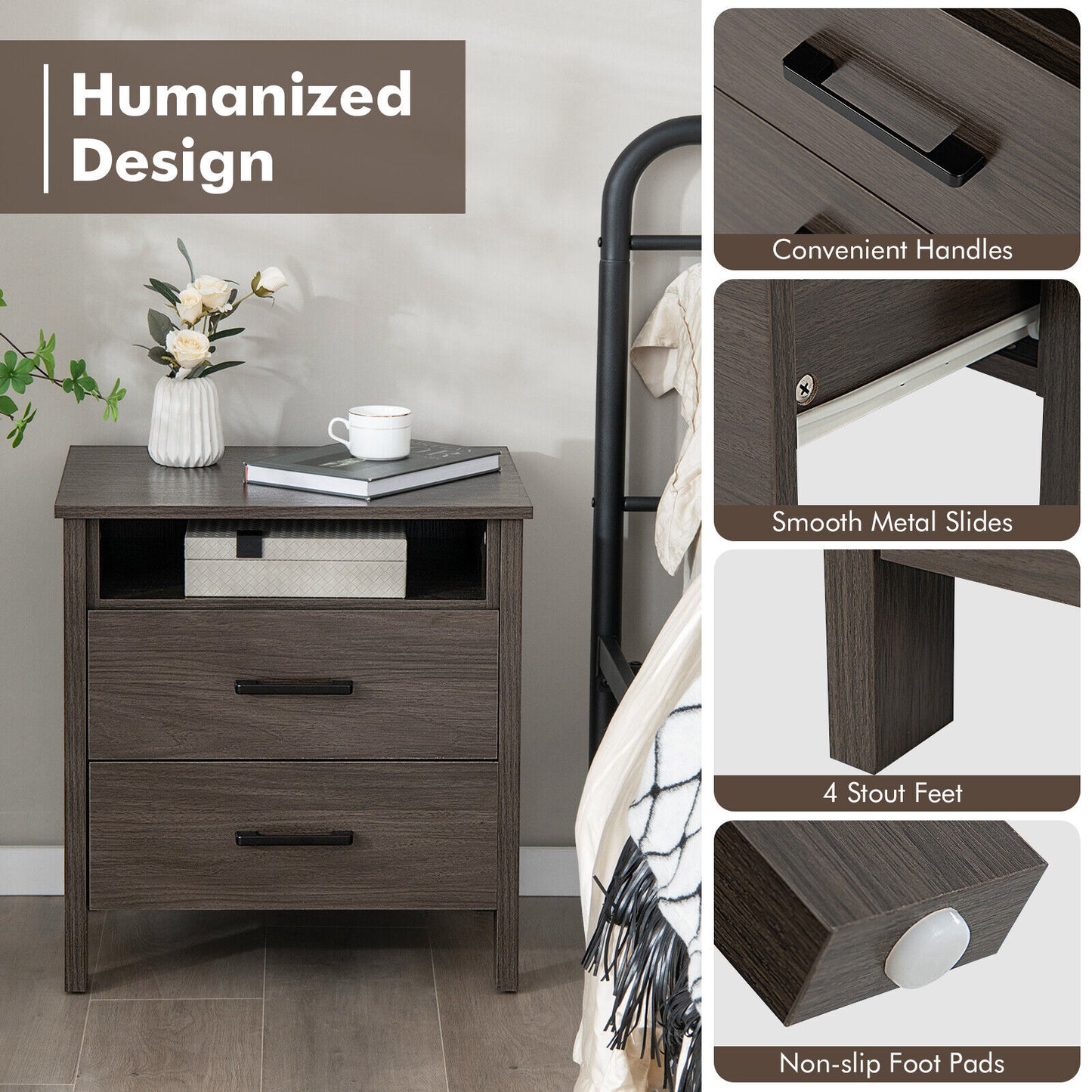 Multifunctional Side Table with 2 Drawers, Open Shelf, and Cable Organizer – Walnut