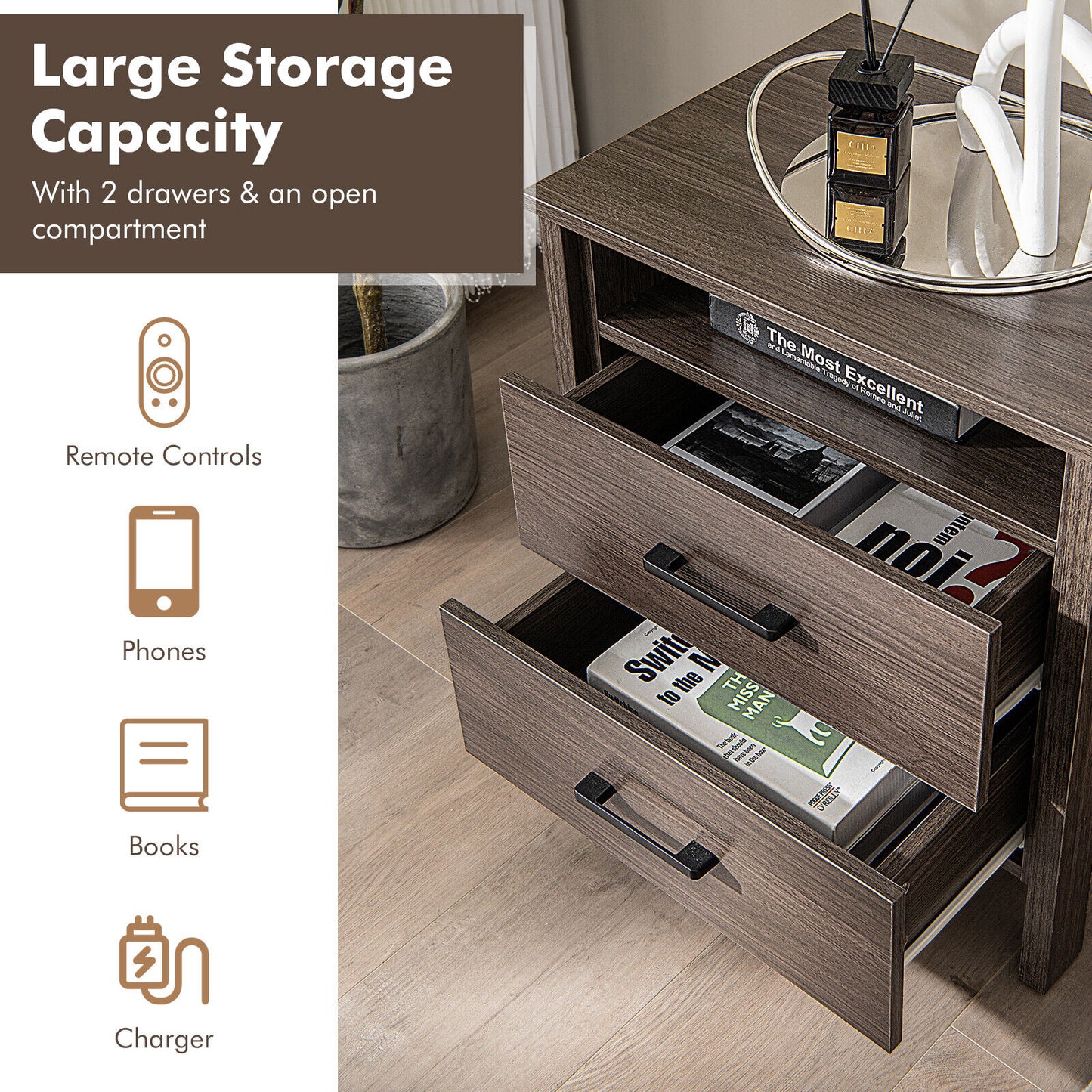 Multifunctional Side Table with 2 Drawers, Open Shelf, and Cable Organizer – Walnut