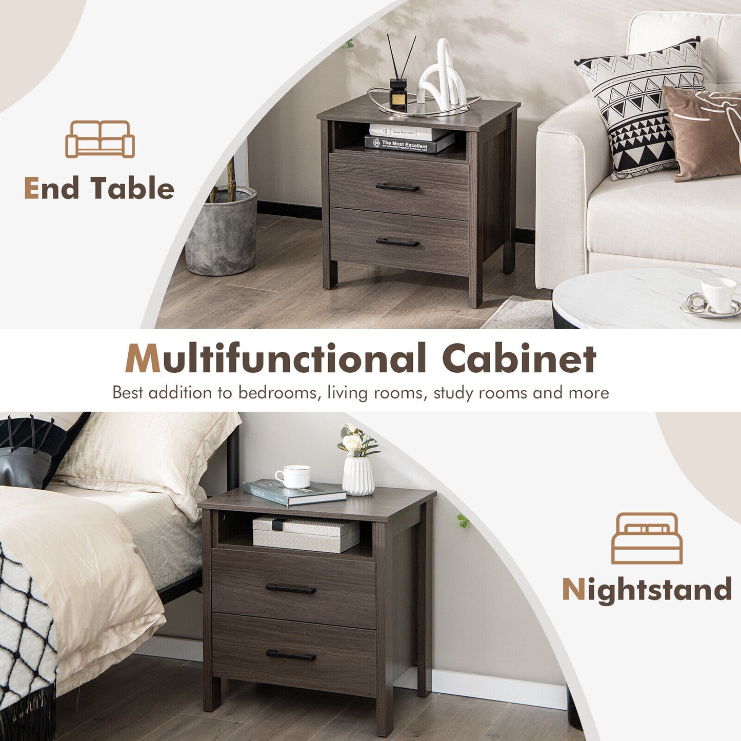 Multifunctional Side Table with 2 Drawers, Open Shelf, and Cable Organizer – Walnut