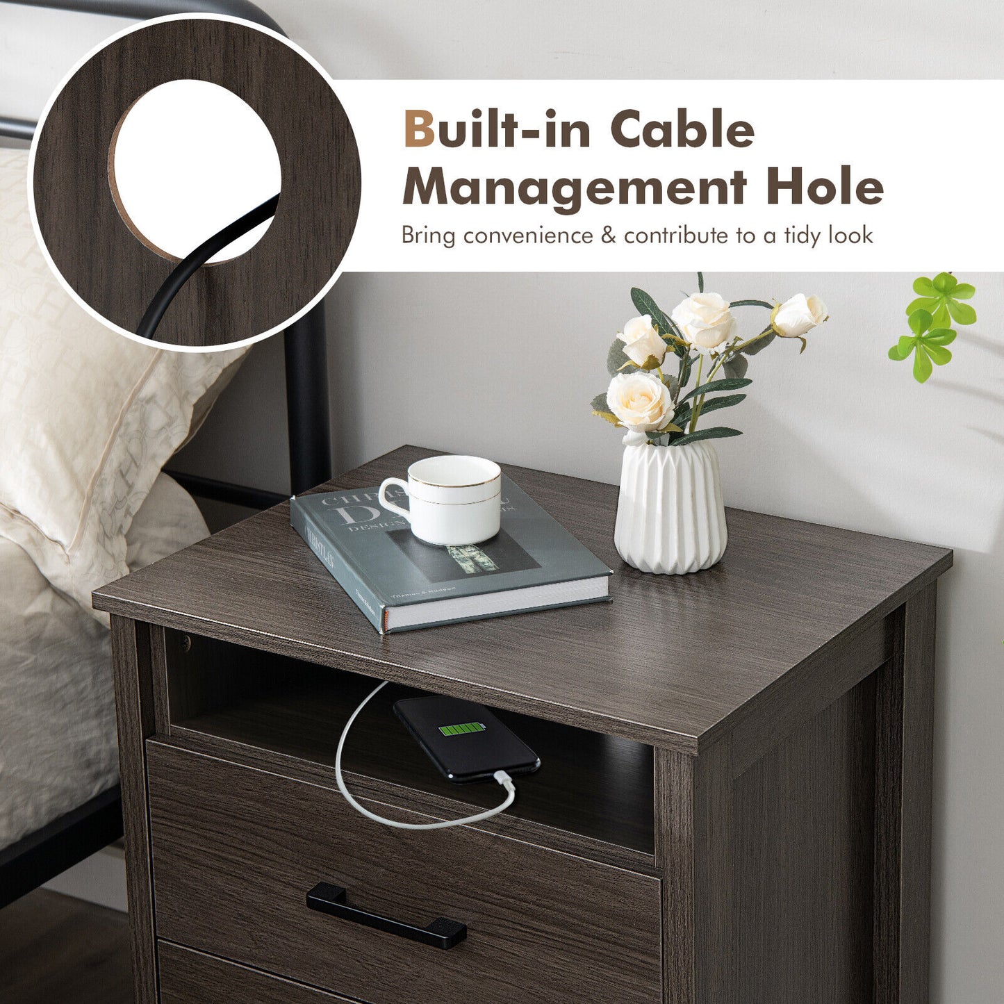 Multifunctional Side Table with 2 Drawers, Open Shelf, and Cable Organizer – Walnut