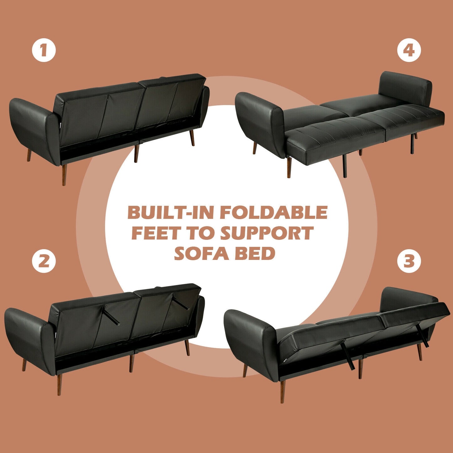 3 Seater Convertible Sofa Bed with Split Adjustable Backrest and PU Upholstery, Black