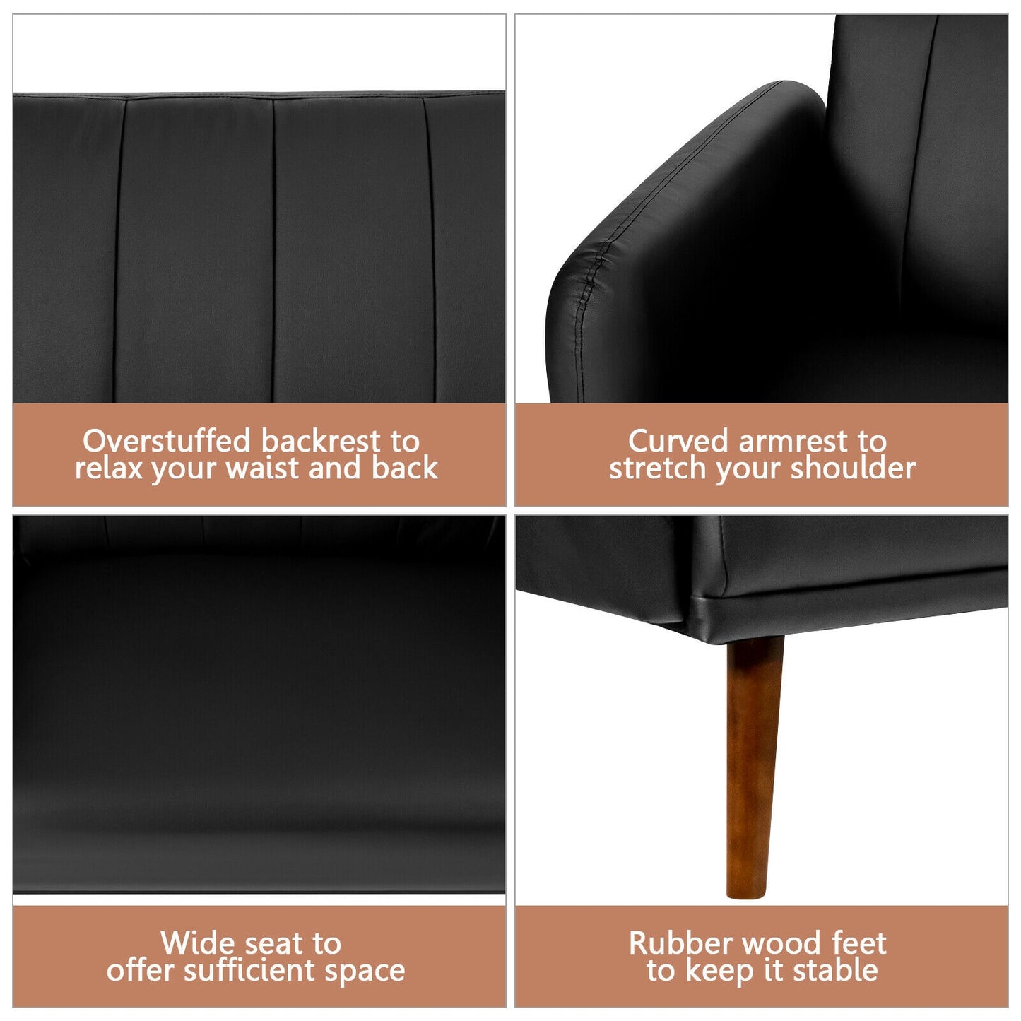 3 Seater Convertible Sofa Bed with Split Adjustable Backrest and PU Upholstery, Black