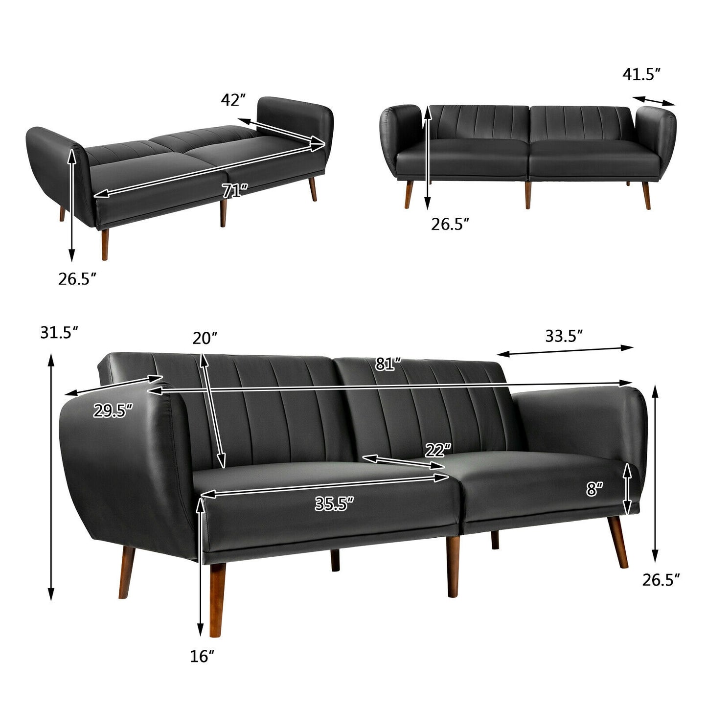 3 Seater Convertible Sofa Bed with Split Adjustable Backrest and PU Upholstery, Black