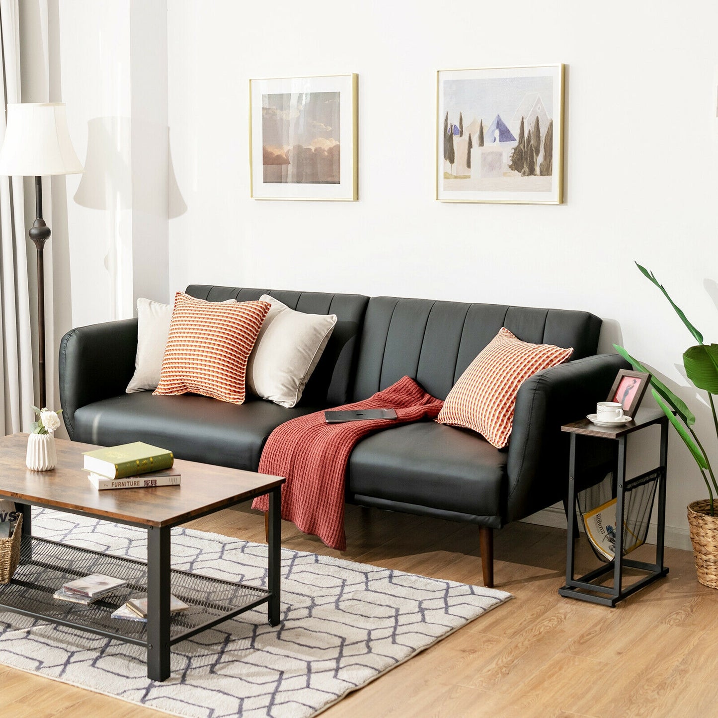 3 Seater Convertible Sofa Bed with Split Adjustable Backrest and PU Upholstery, Black