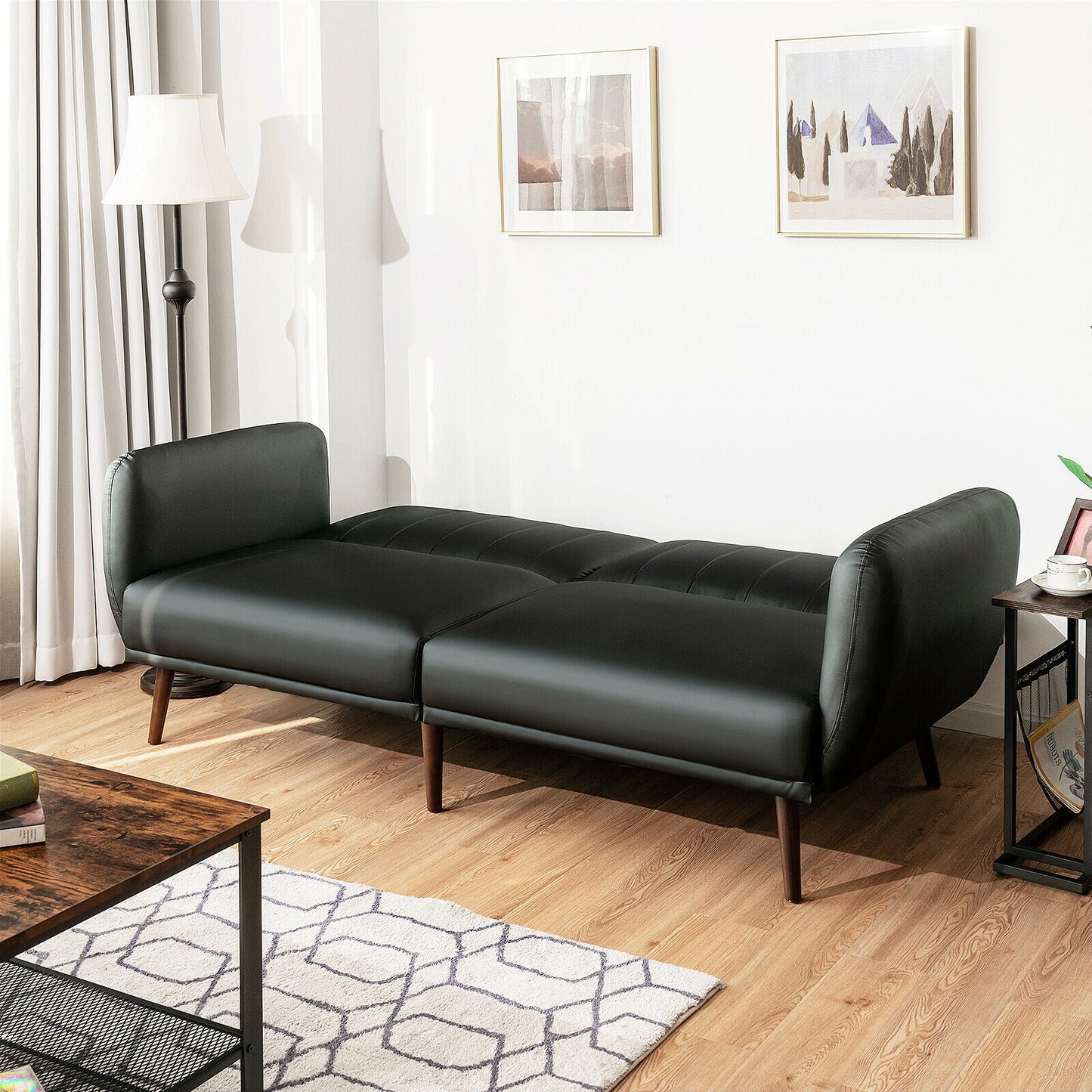 3 Seater Convertible Sofa Bed with Split Adjustable Backrest and PU Upholstery, Black