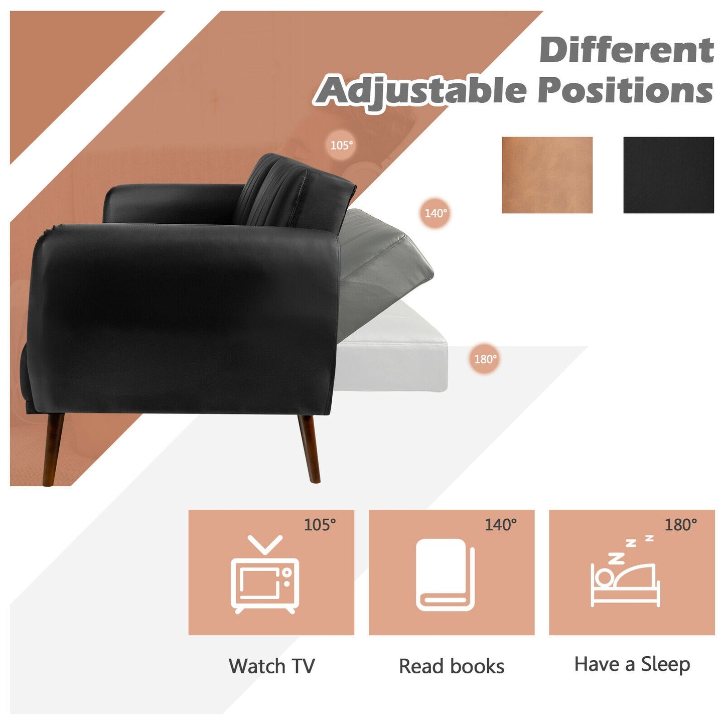 3 Seater Convertible Sofa Bed with Split Adjustable Backrest and PU Upholstery, Black