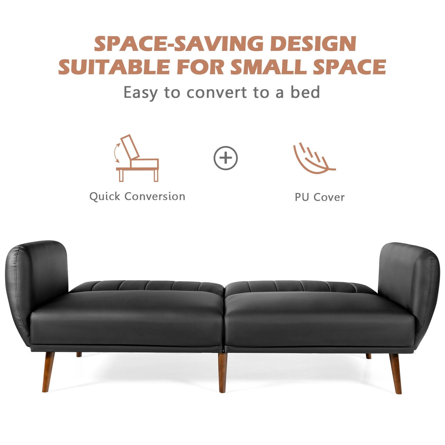 3 Seater Convertible Sofa Bed with Split Adjustable Backrest and PU Upholstery, Black