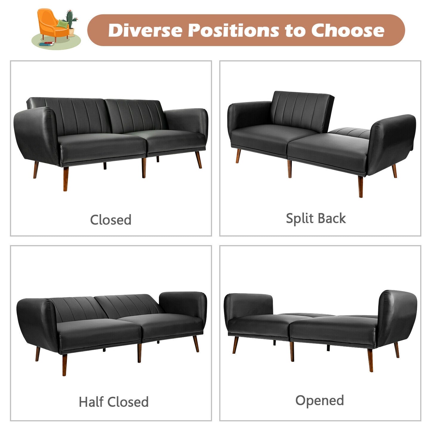 3 Seater Convertible Sofa Bed with Split Adjustable Backrest and PU Upholstery, Black