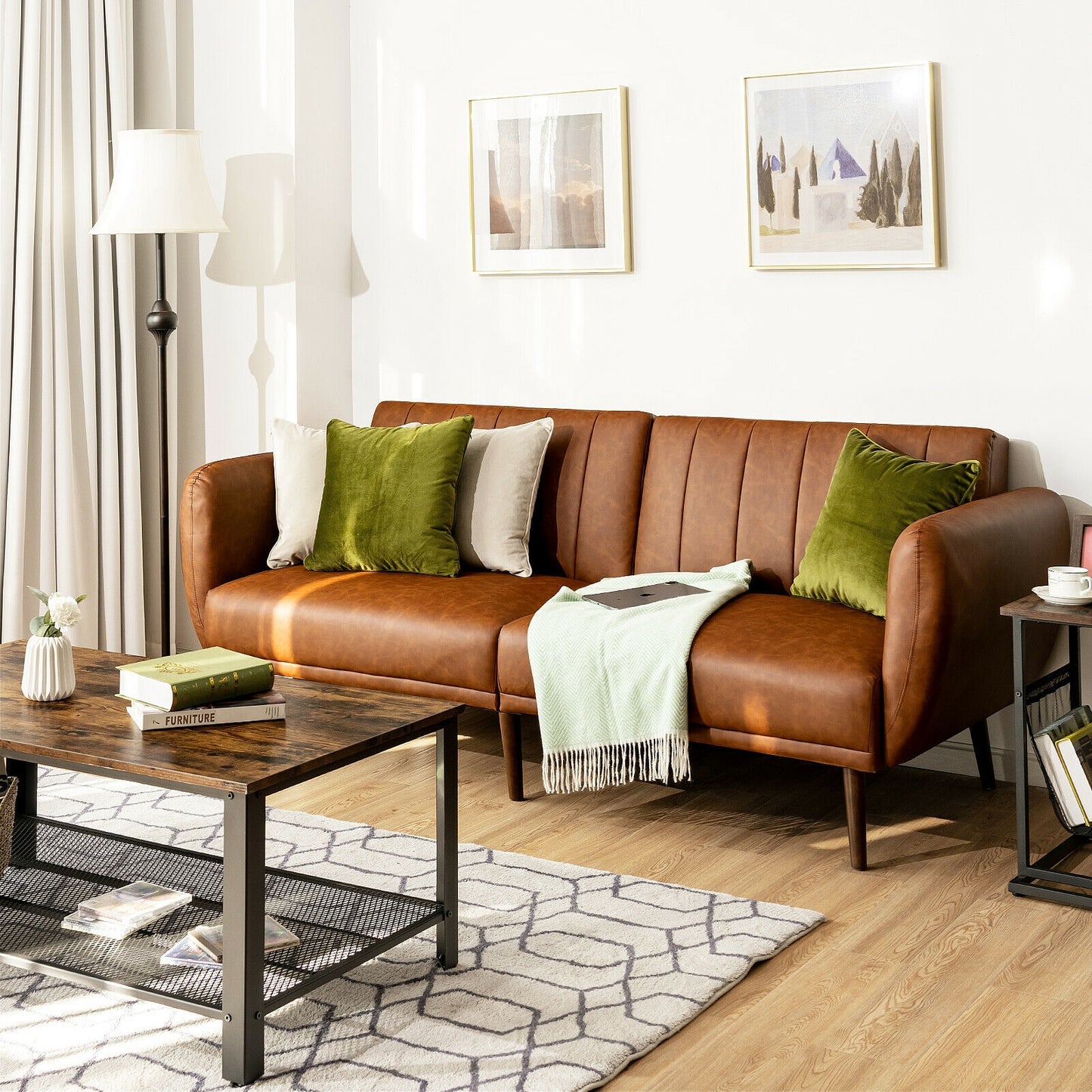 3 Seater Convertible Sofa Bed with Split Adjustable Backrest and PU Upholstery, Brown