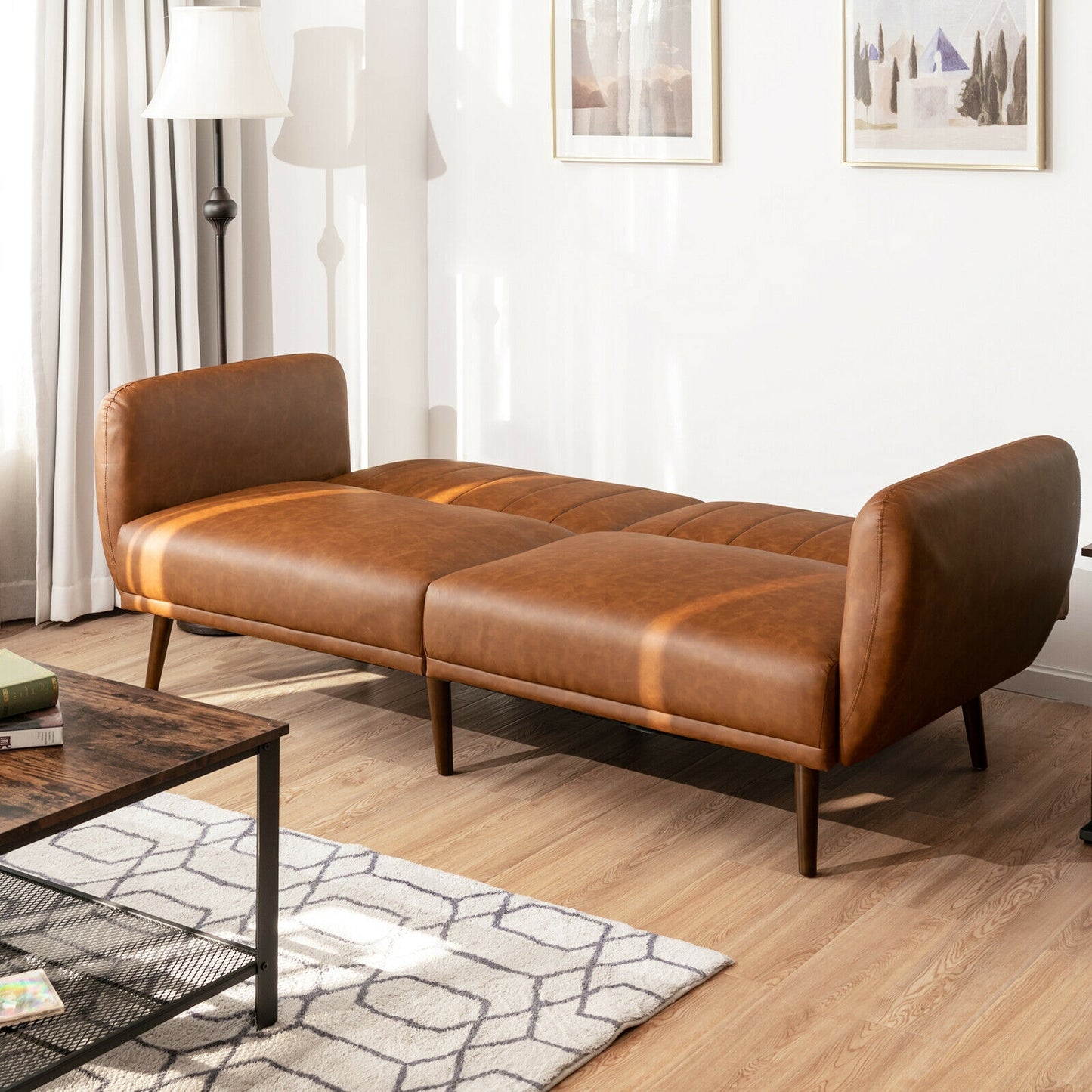 3 Seater Convertible Sofa Bed with Split Adjustable Backrest and PU Upholstery, Brown