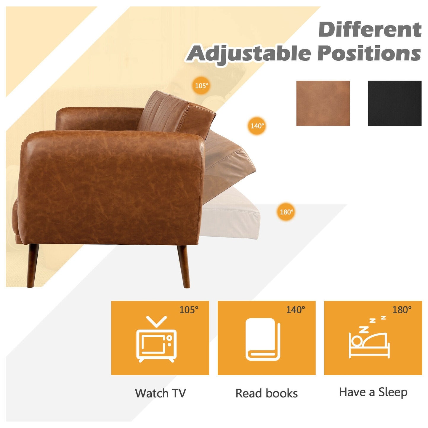 3 Seater Convertible Sofa Bed with Split Adjustable Backrest and PU Upholstery, Brown