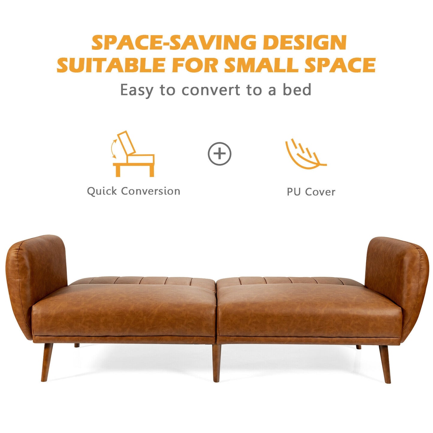 3 Seater Convertible Sofa Bed with Split Adjustable Backrest and PU Upholstery, Brown