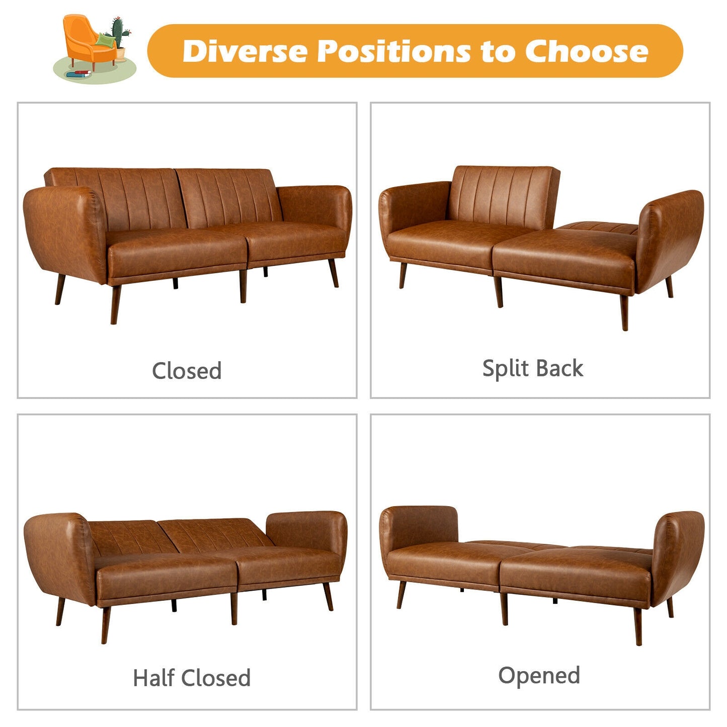 3 Seater Convertible Sofa Bed with Split Adjustable Backrest and PU Upholstery, Brown