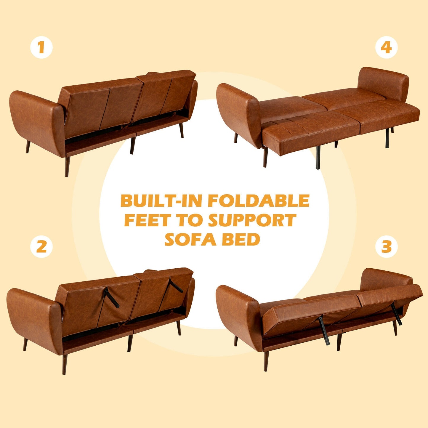 3 Seater Convertible Sofa Bed with Split Adjustable Backrest and PU Upholstery, Brown