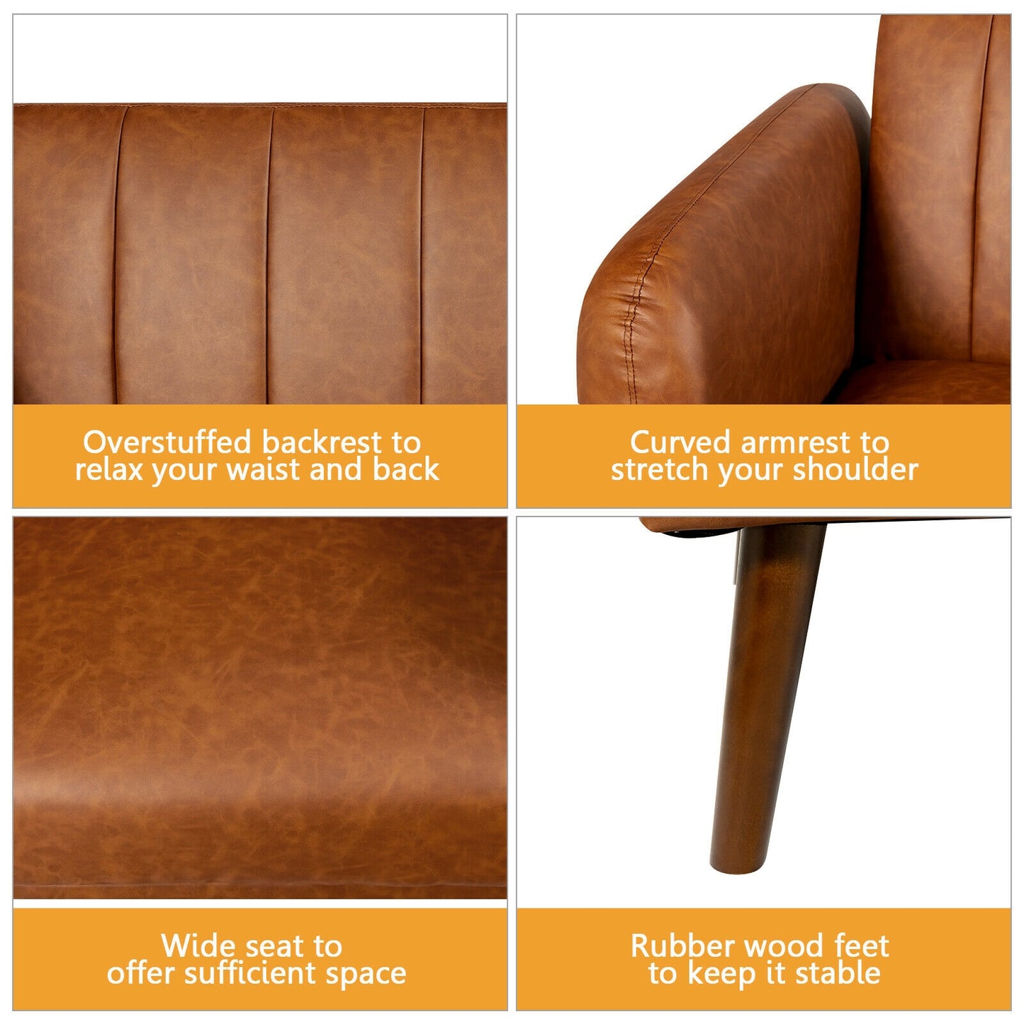 3 Seater Convertible Sofa Bed with Split Adjustable Backrest and PU Upholstery, Brown