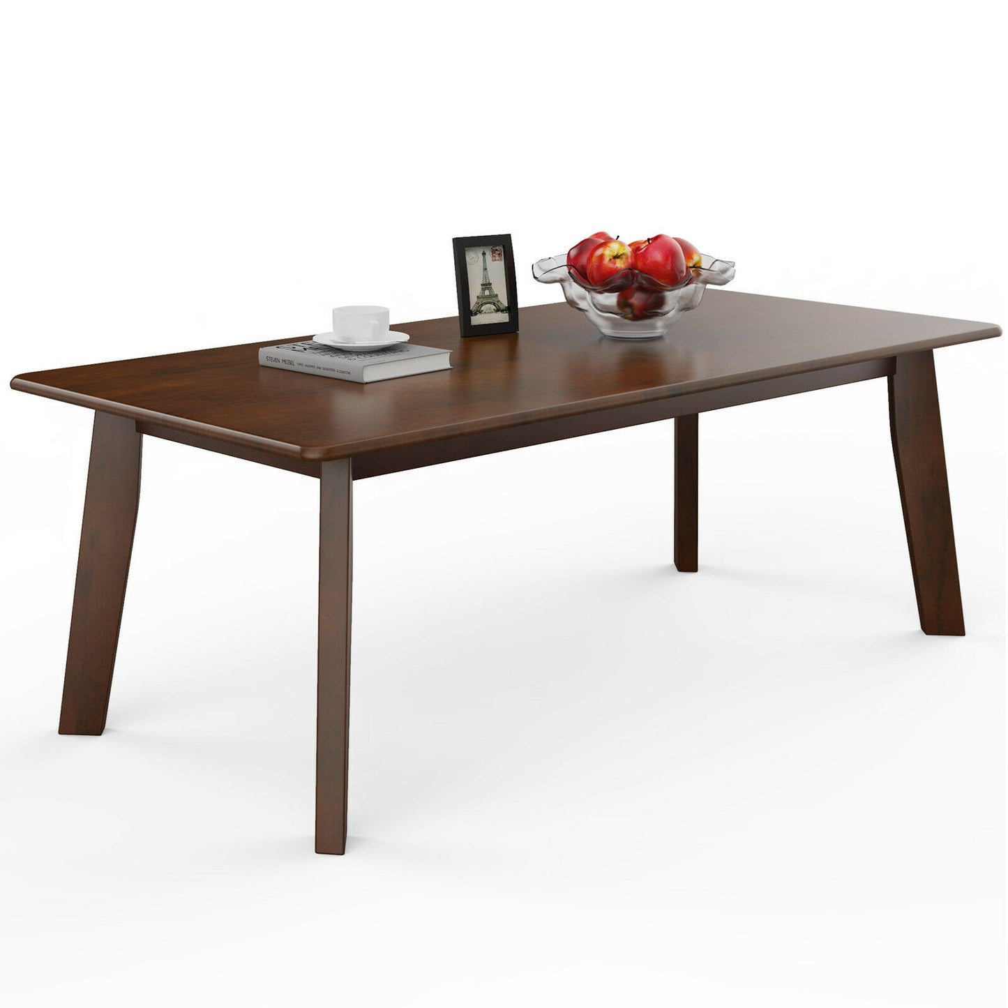 Modern Rectangular Wooden Coffee Table with Rubber Wood Legs and Open Storage