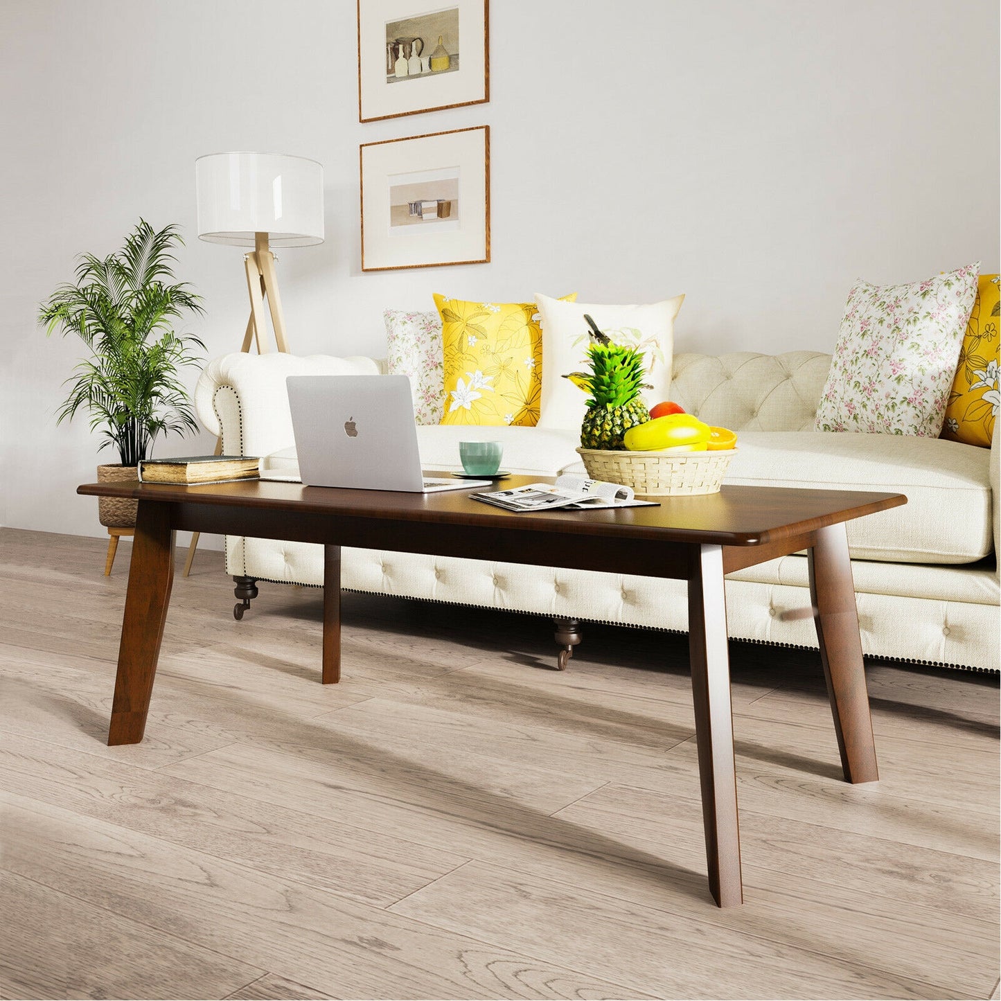 Modern Rectangular Wooden Coffee Table with Rubber Wood Legs and Open Storage