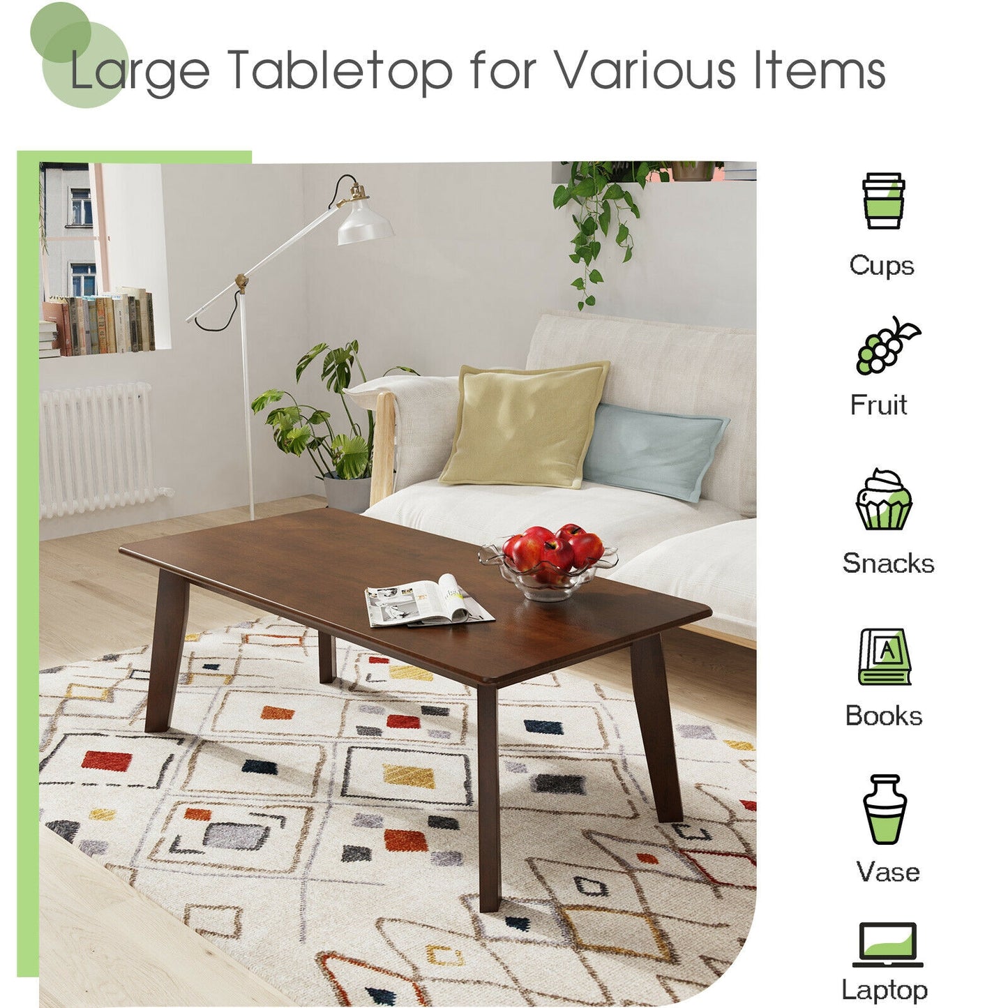 Modern Rectangular Wooden Coffee Table with Rubber Wood Legs and Open Storage