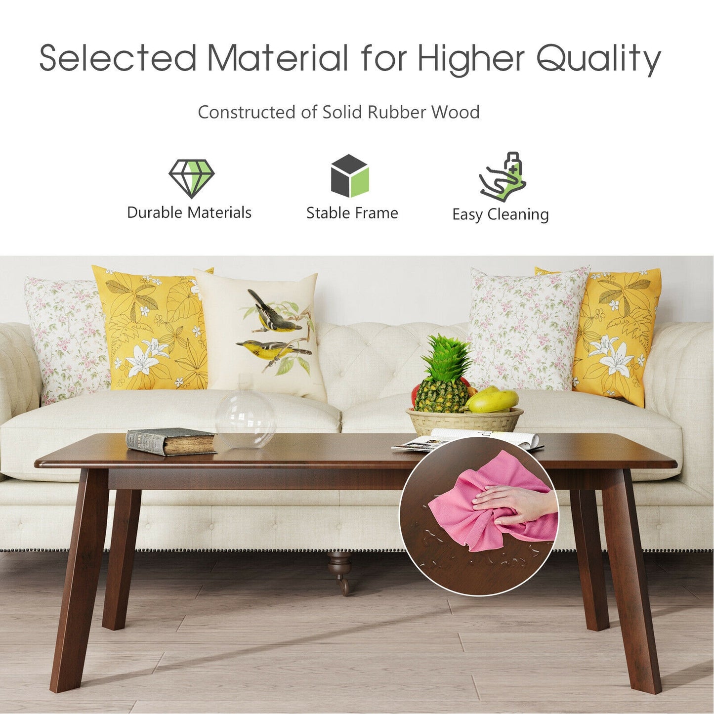Modern Rectangular Wooden Coffee Table with Rubber Wood Legs and Open Storage
