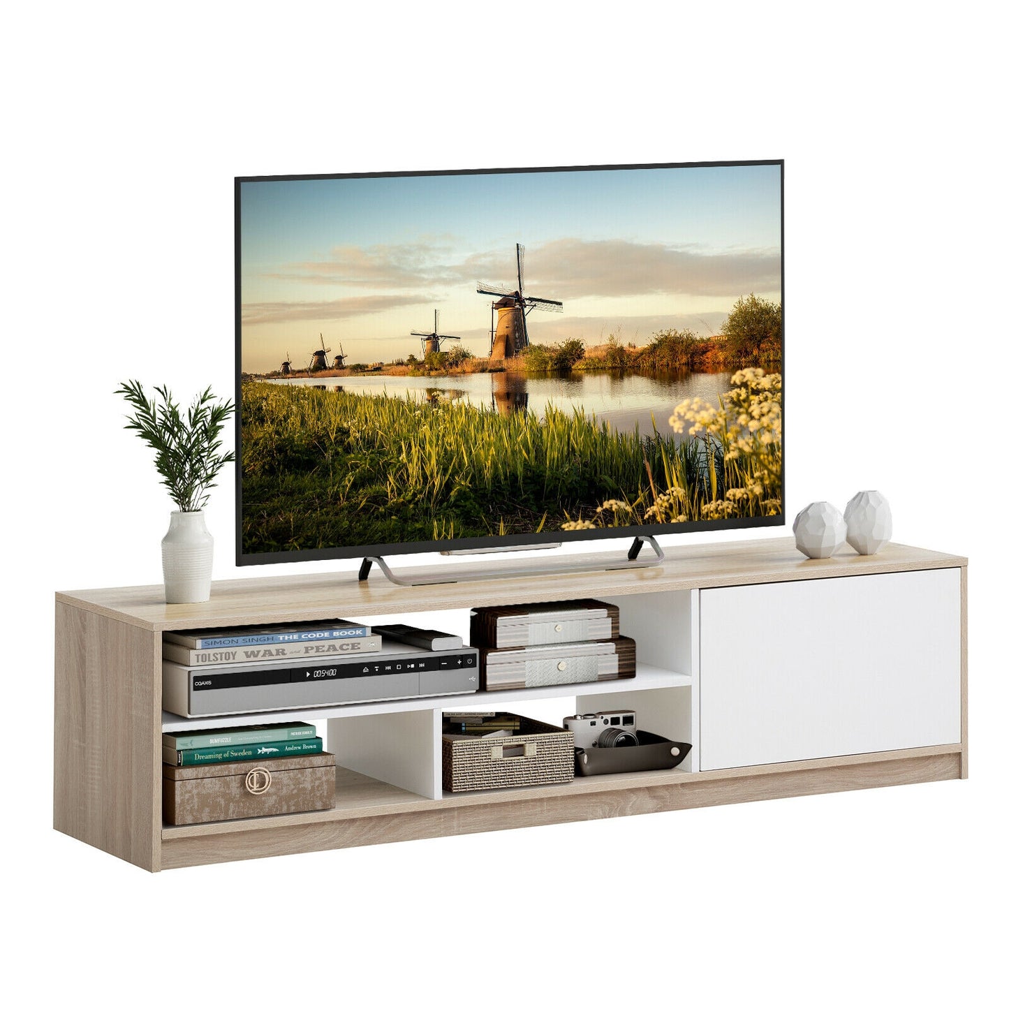 Modern 63 Inch TV Console with Push-to-Open Cabinet and Open Shelves for TVs up to 75 Inches