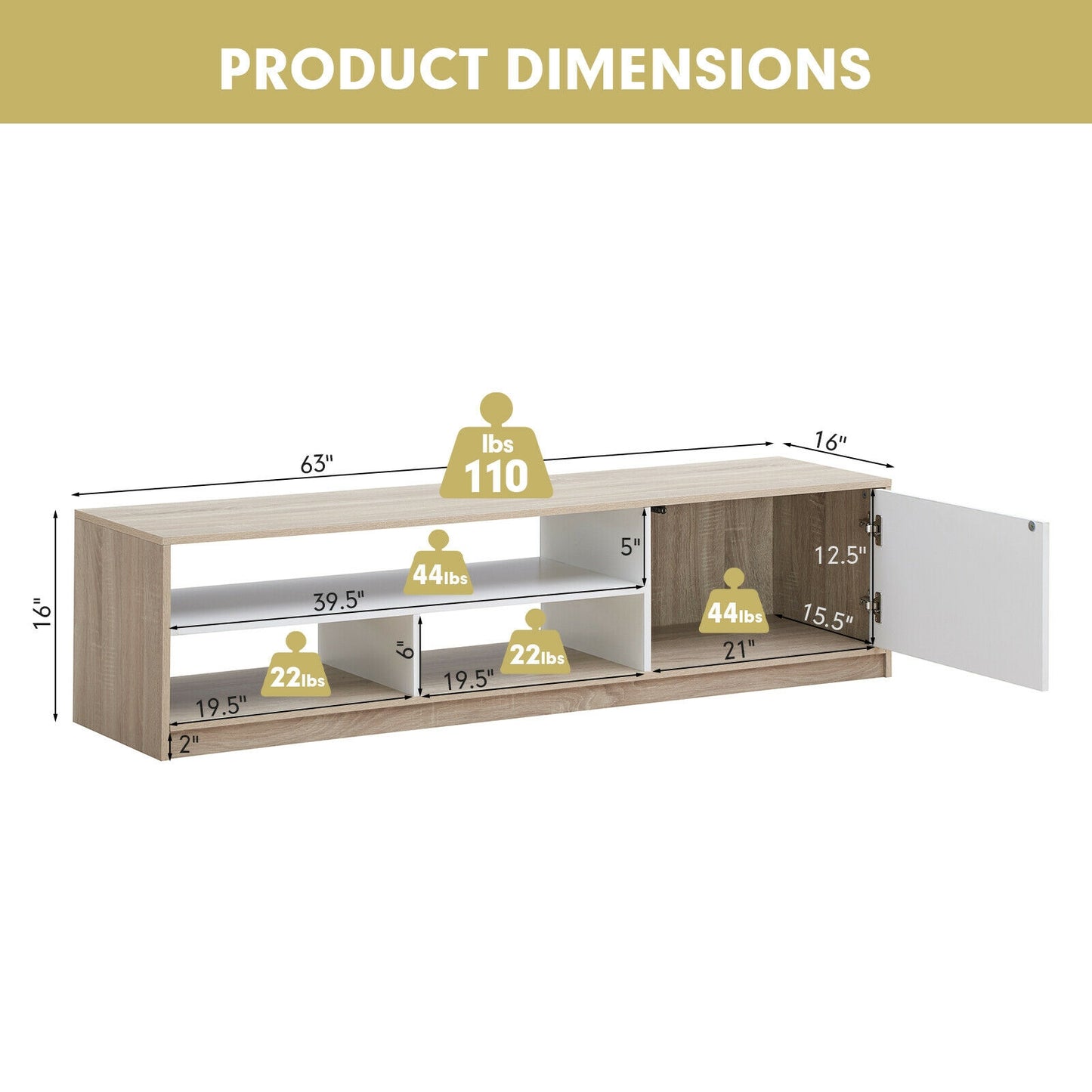 Modern 63 Inch TV Console with Push-to-Open Cabinet and Open Shelves for TVs up to 75 Inches