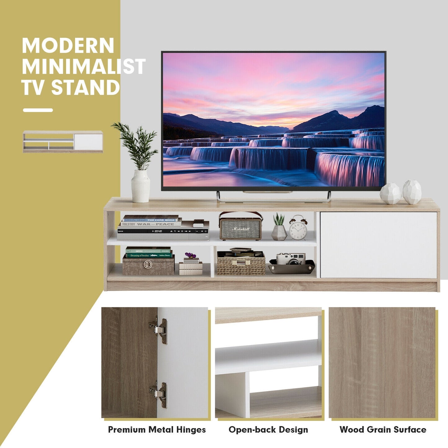 Modern 63 Inch TV Console with Push-to-Open Cabinet and Open Shelves for TVs up to 75 Inches