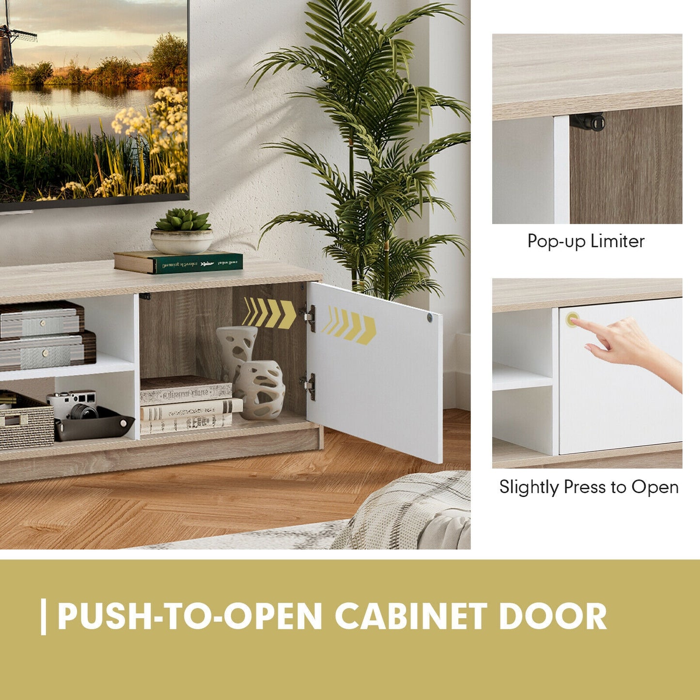 Modern 63 Inch TV Console with Push-to-Open Cabinet and Open Shelves for TVs up to 75 Inches