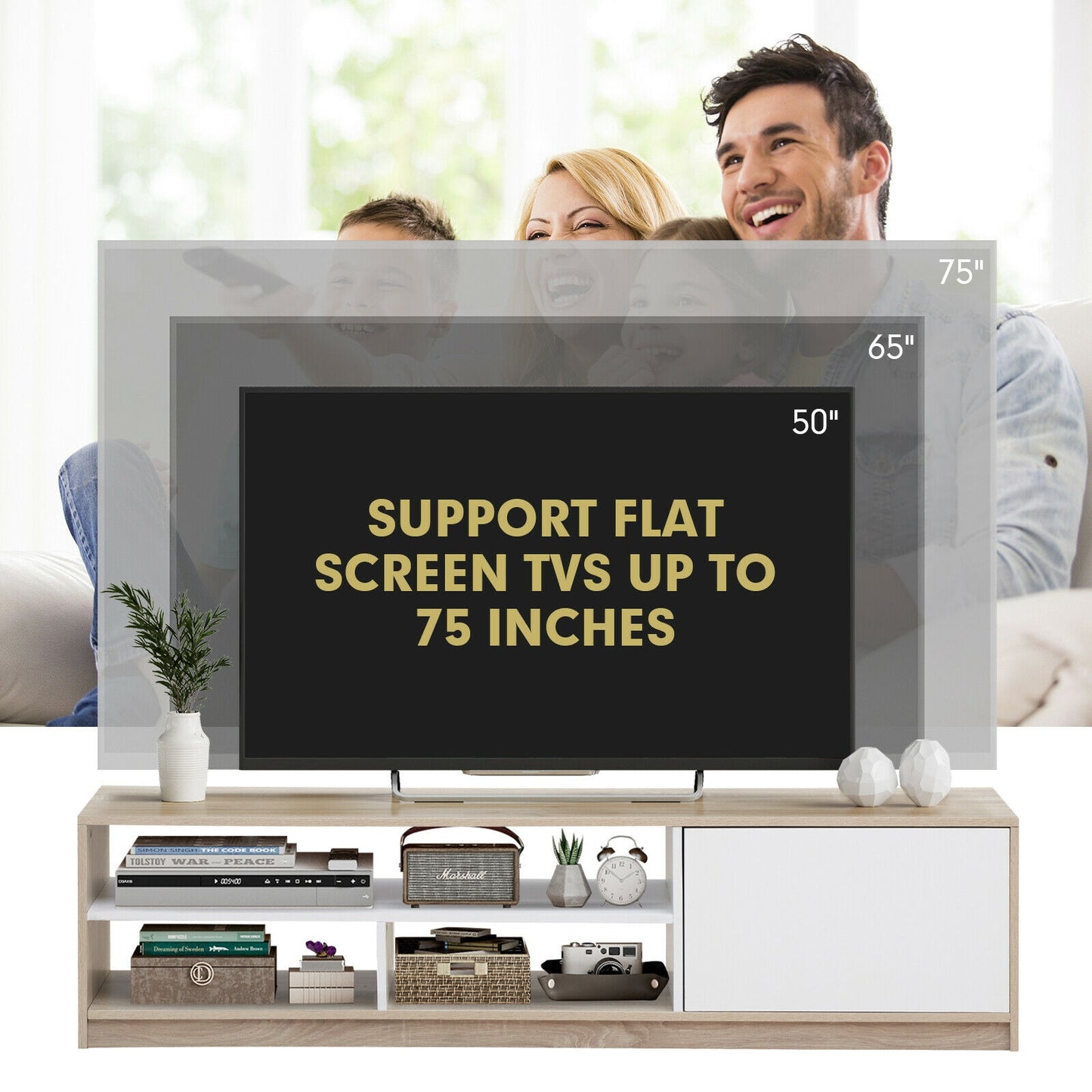 Modern 63 Inch TV Console with Push-to-Open Cabinet and Open Shelves for TVs up to 75 Inches