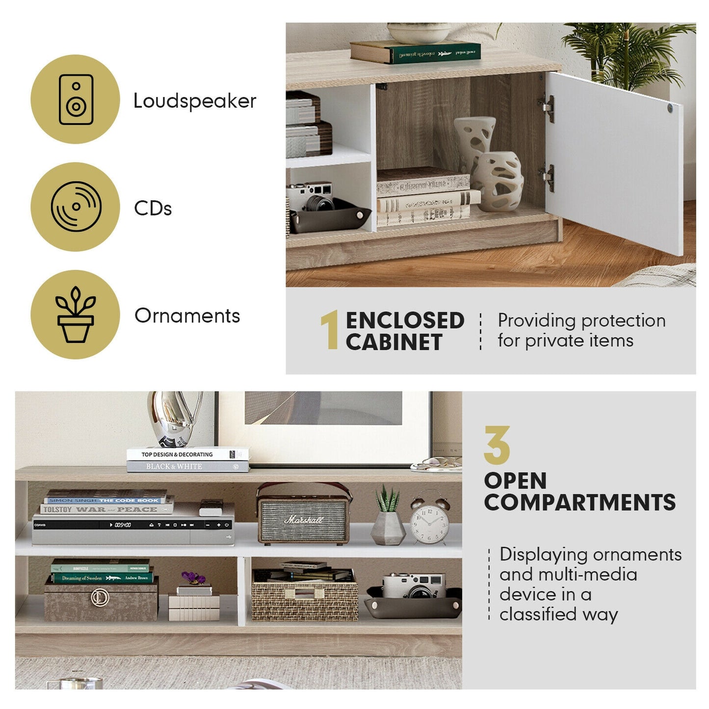Modern 63 Inch TV Console with Push-to-Open Cabinet and Open Shelves for TVs up to 75 Inches