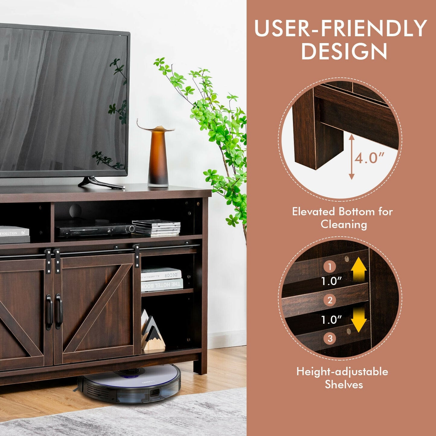 Farmhouse Wood Media Console with Sliding Barn Doors and Adjustable Storage for 65 Inch TVs in Dark Brown