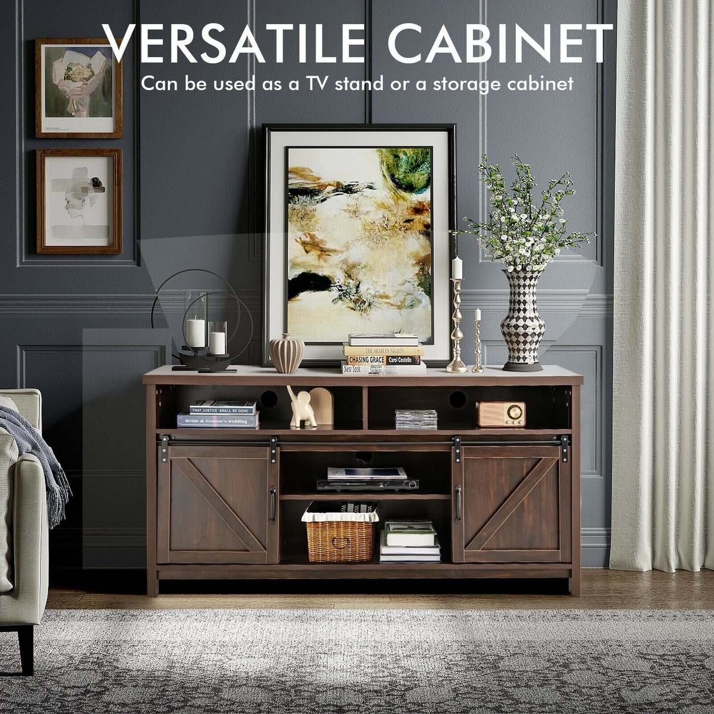 Farmhouse Wood Media Console with Sliding Barn Doors and Adjustable Storage for 65 Inch TVs in Dark Brown