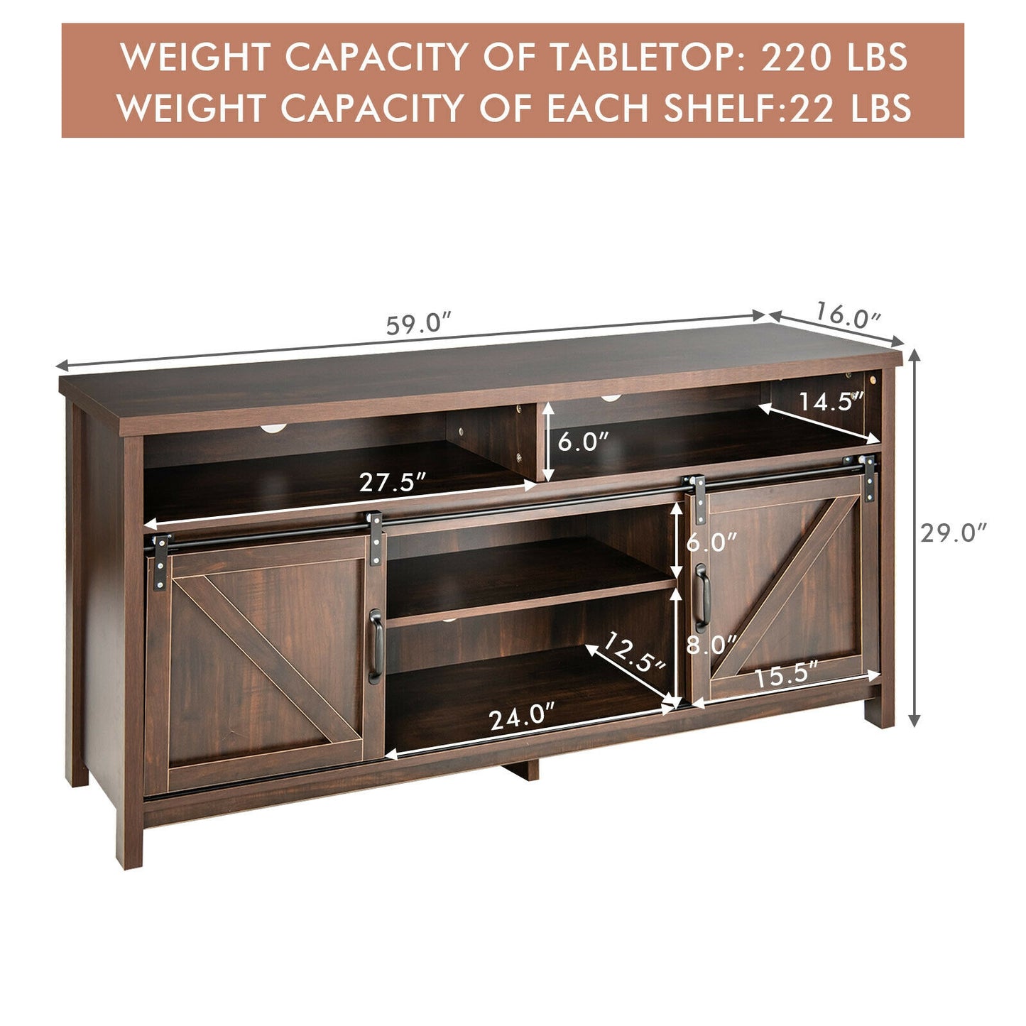 Farmhouse Wood Media Console with Sliding Barn Doors and Adjustable Storage for 65 Inch TVs in Dark Brown