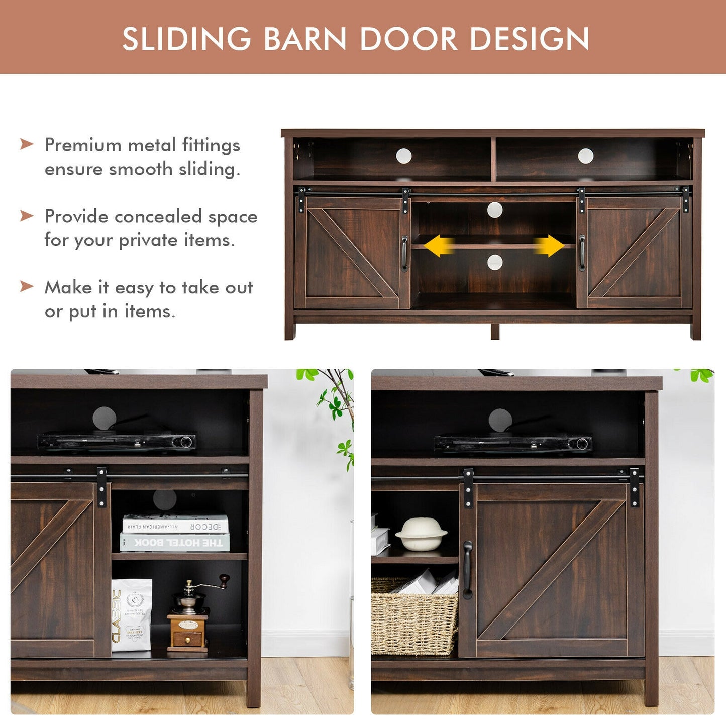 Farmhouse Wood Media Console with Sliding Barn Doors and Adjustable Storage for 65 Inch TVs in Dark Brown