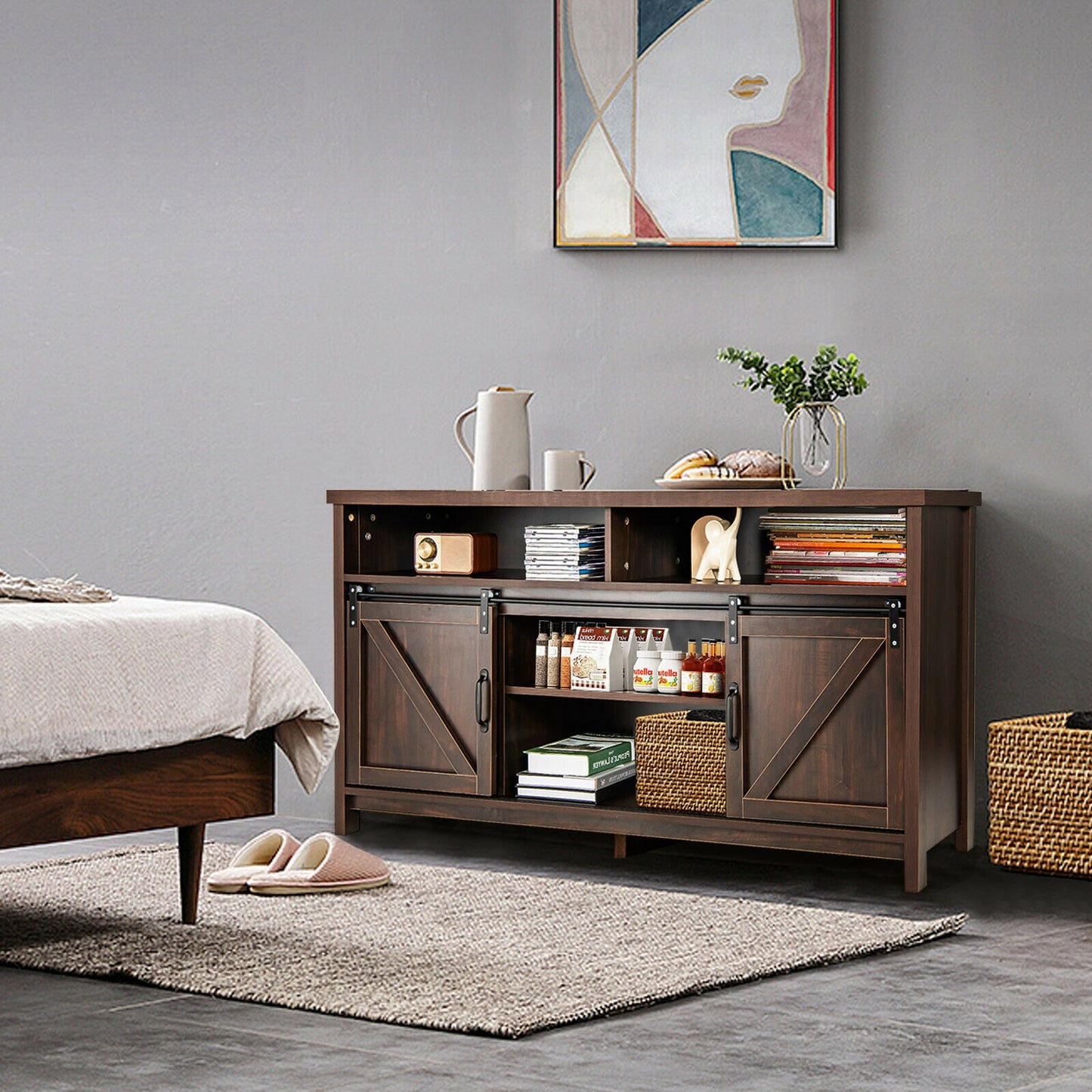 Farmhouse Wood Media Console with Sliding Barn Doors and Adjustable Storage for 65 Inch TVs in Dark Brown
