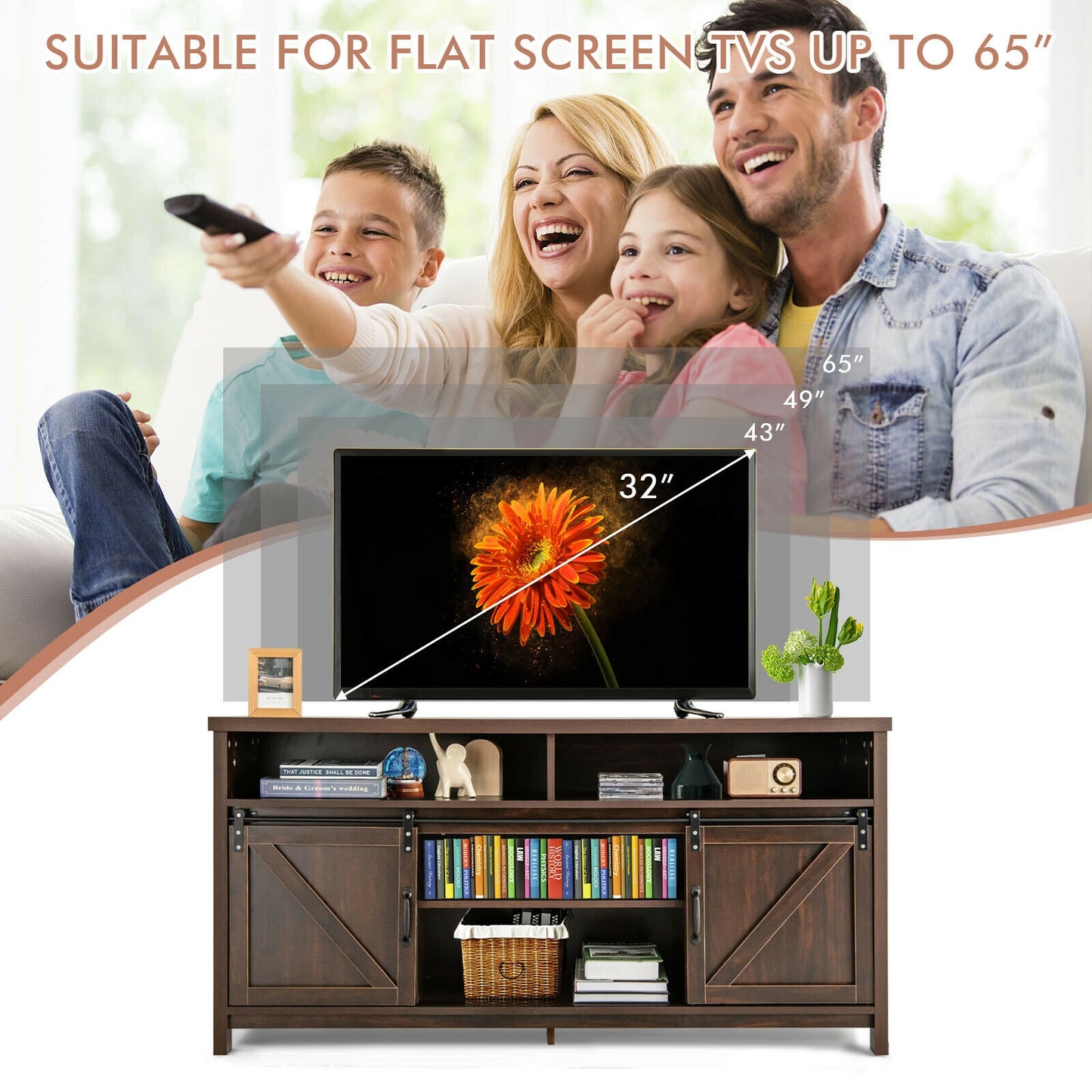 Farmhouse Wood Media Console with Sliding Barn Doors and Adjustable Storage for 65 Inch TVs in Dark Brown