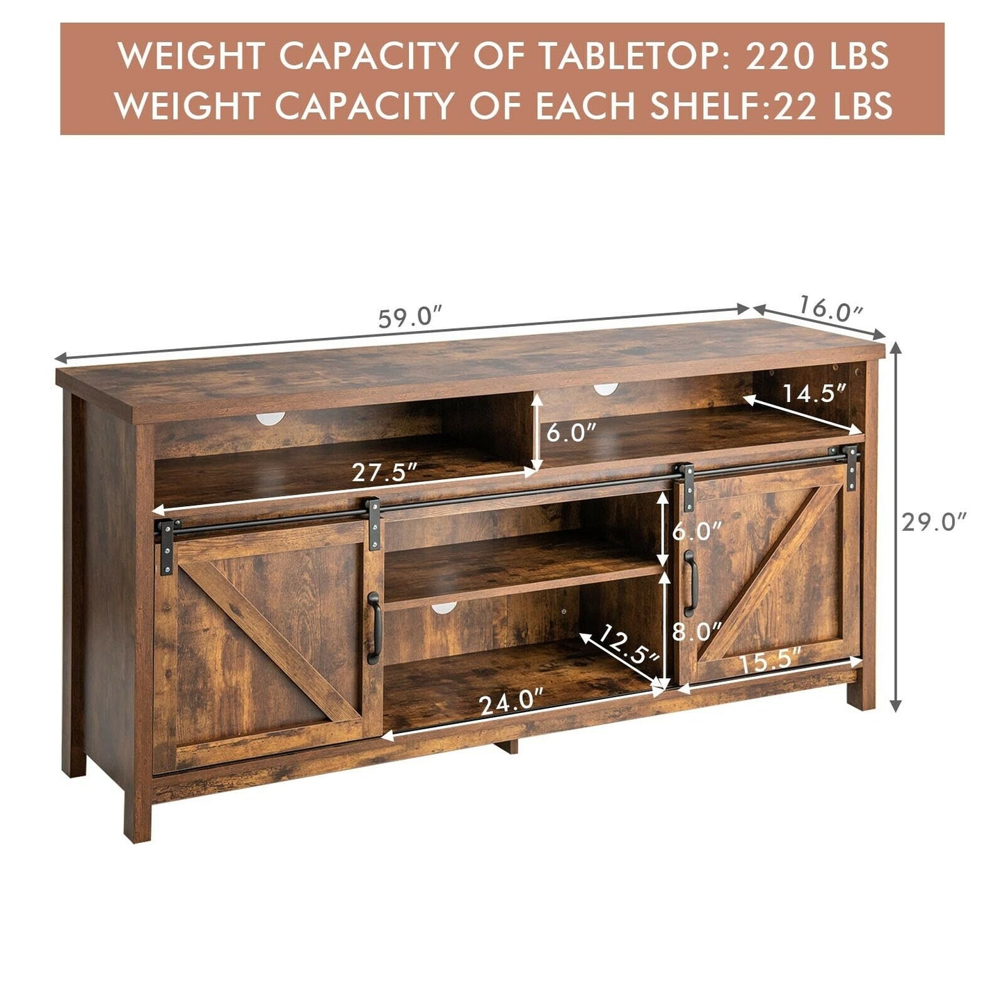 Farmhouse Wood Media Console with Sliding Barn Doors and Adjustable Storage for 65 Inch TVs in Brown