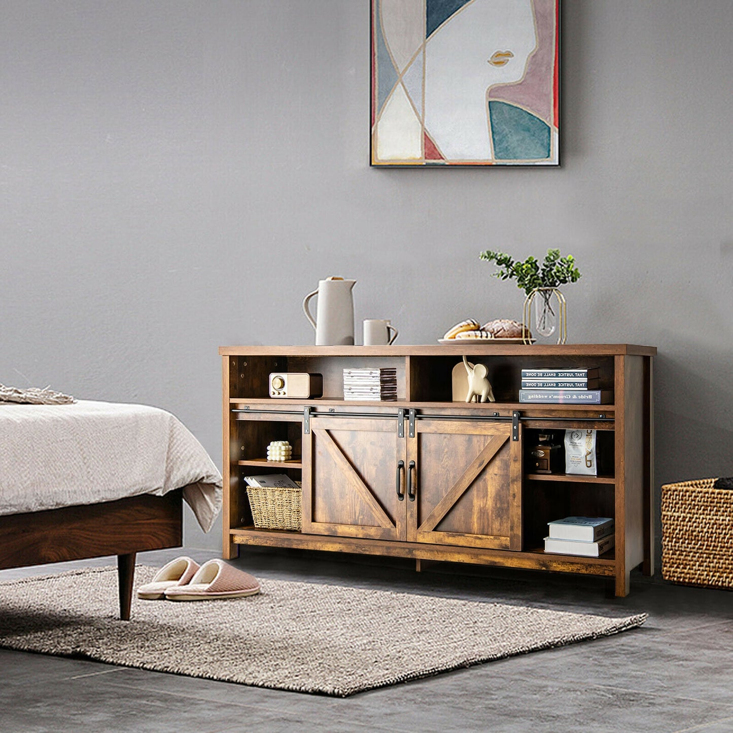 Farmhouse Wood Media Console with Sliding Barn Doors and Adjustable Storage for 65 Inch TVs in Brown