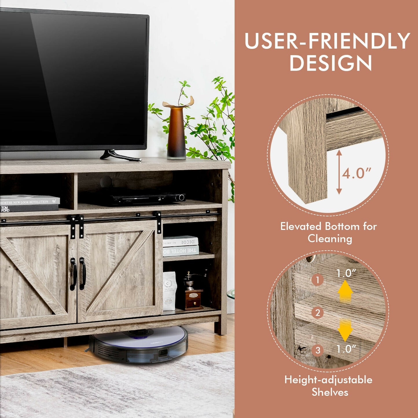 Farmhouse Wood Media Console with Sliding Barn Doors and Adjustable Storage for 65 Inch TVs in Light Brown