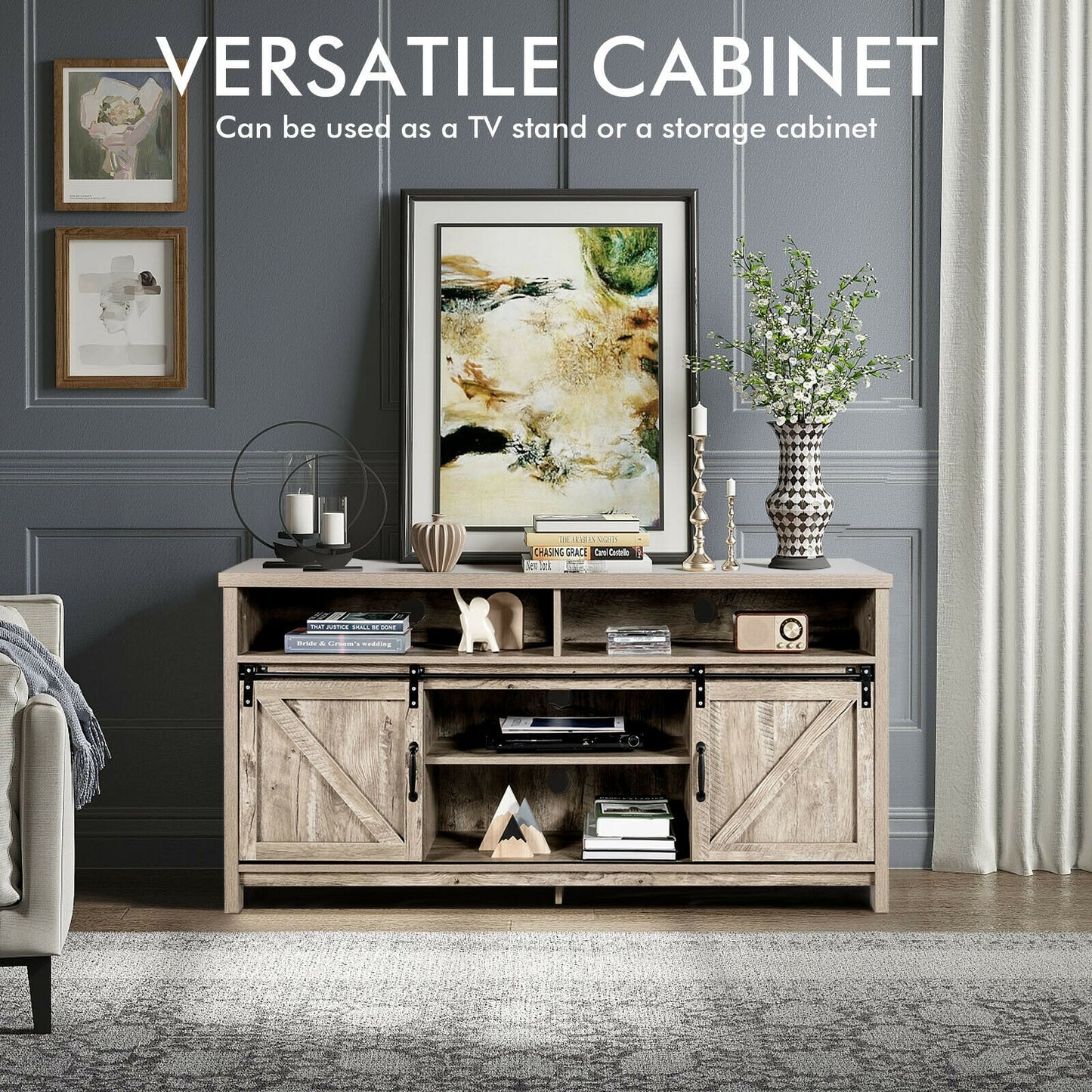 Farmhouse Wood Media Console with Sliding Barn Doors and Adjustable Storage for 65 Inch TVs in Light Brown