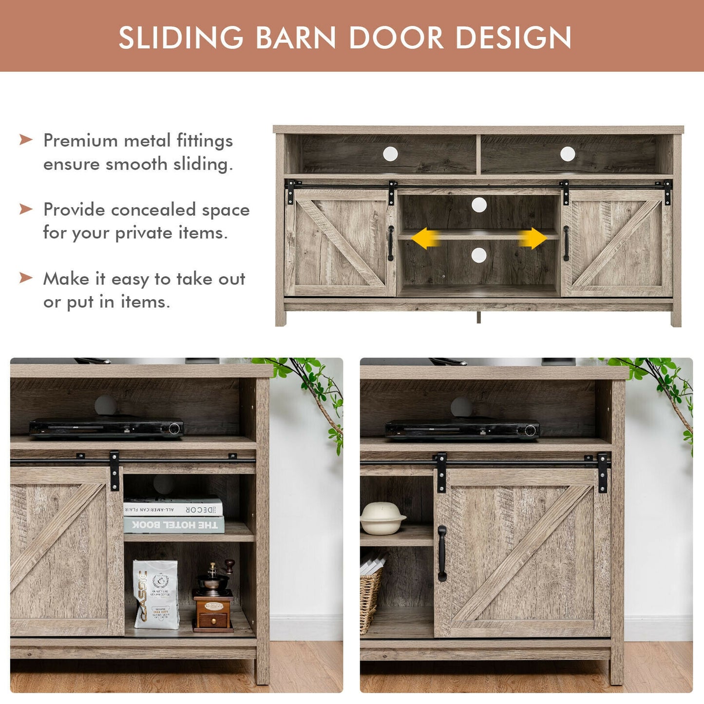 Farmhouse Wood Media Console with Sliding Barn Doors and Adjustable Storage for 65 Inch TVs in Light Brown