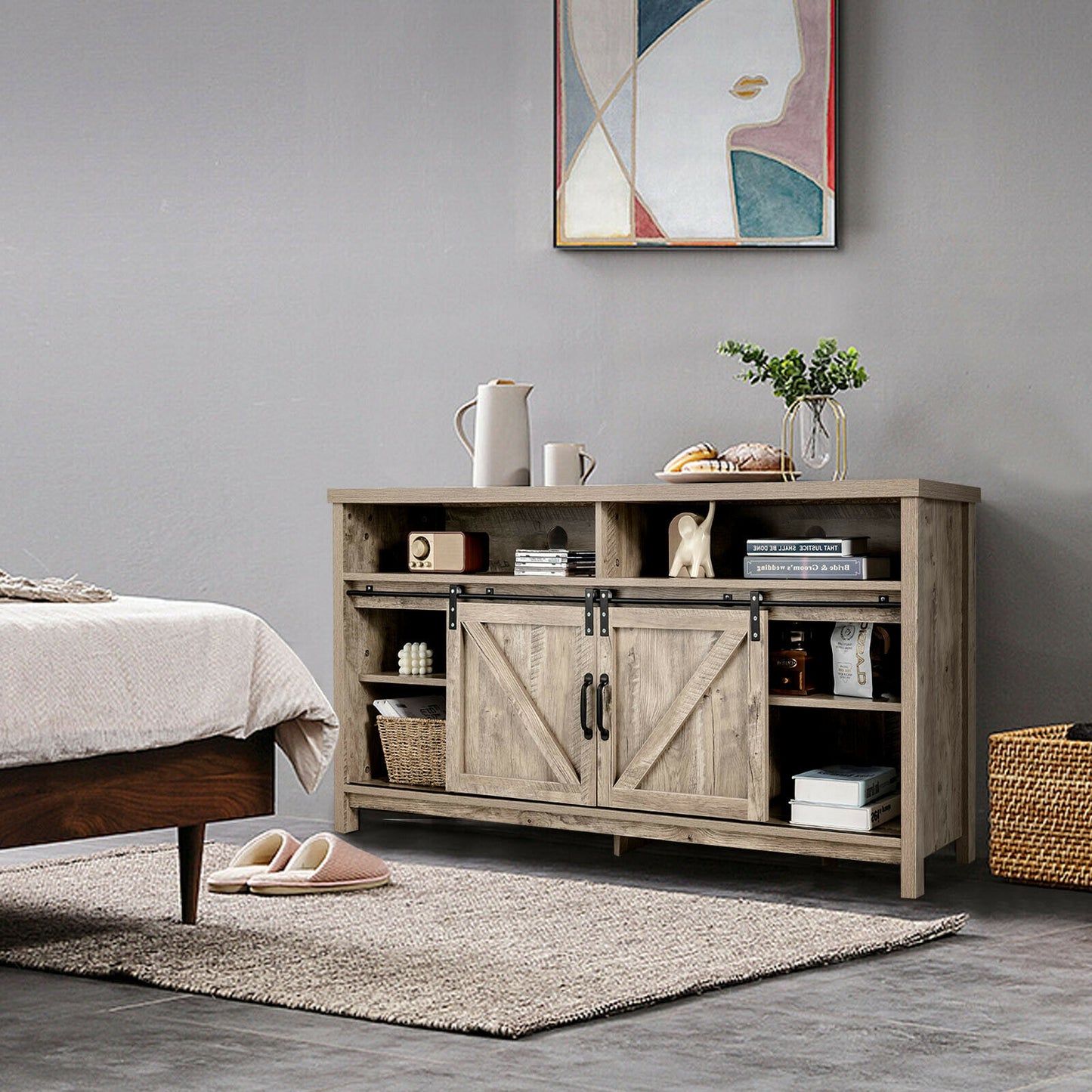 Farmhouse Wood Media Console with Sliding Barn Doors and Adjustable Storage for 65 Inch TVs in Light Brown