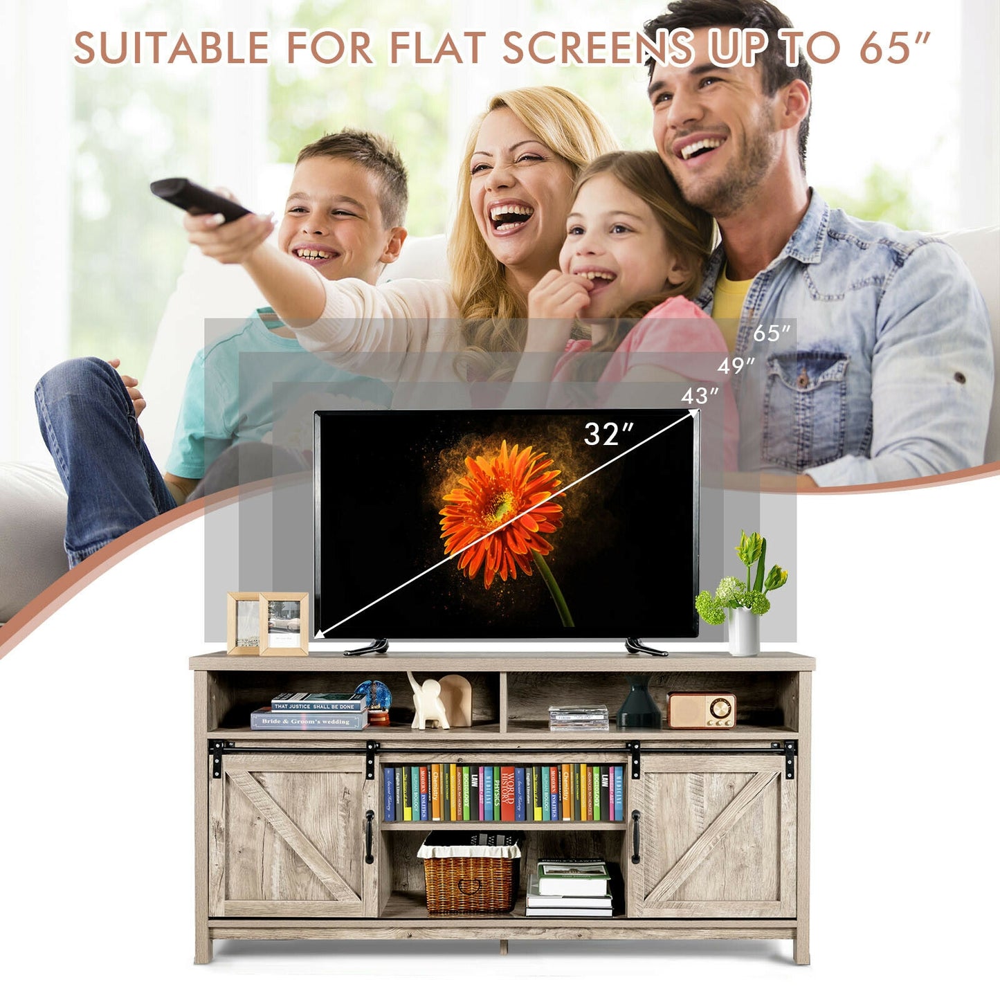 Farmhouse Wood Media Console with Sliding Barn Doors and Adjustable Storage for 65 Inch TVs in Light Brown