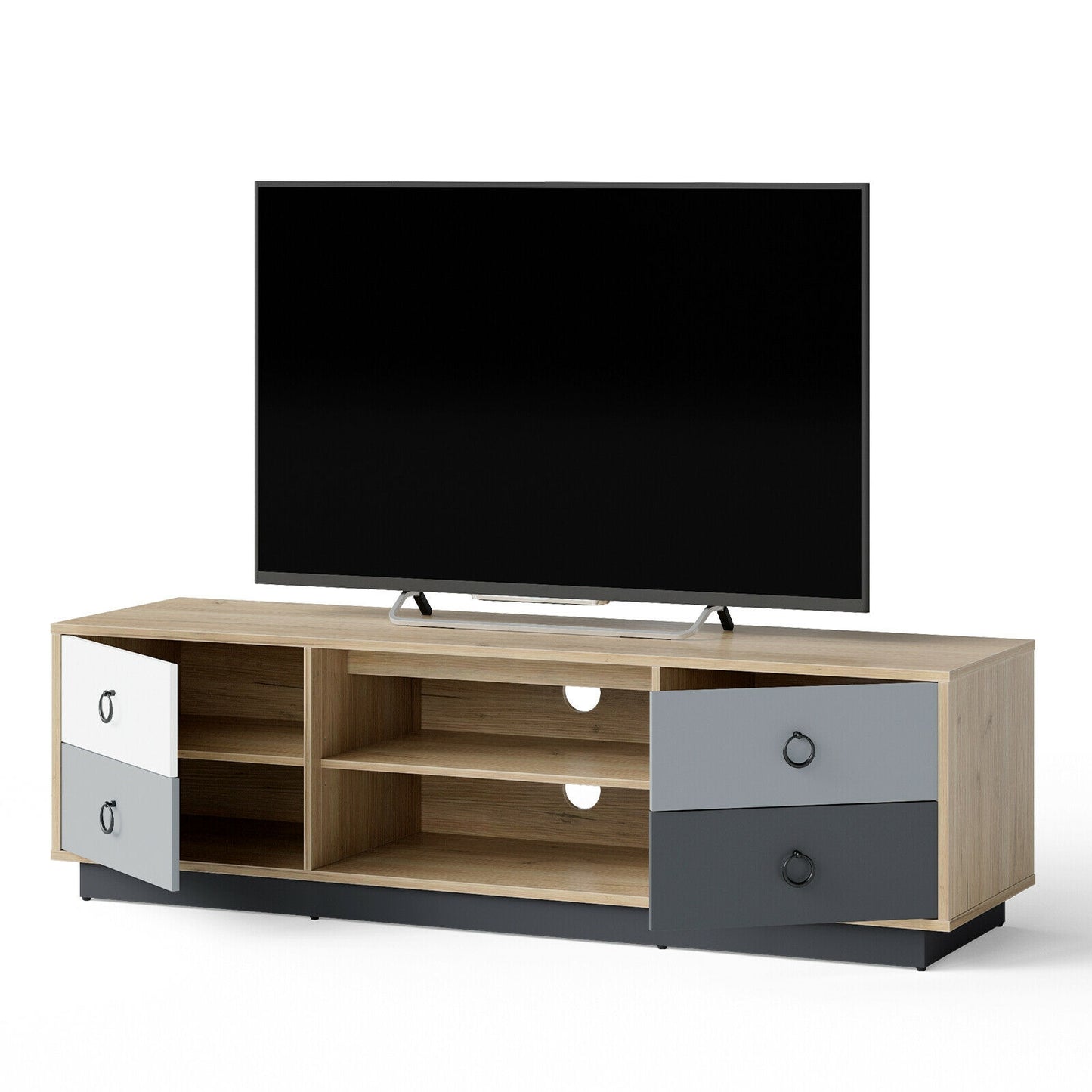 55 Inch Wooden TV Stand with Two Cabinets and Open Shelves for TVs up to 60 Inches