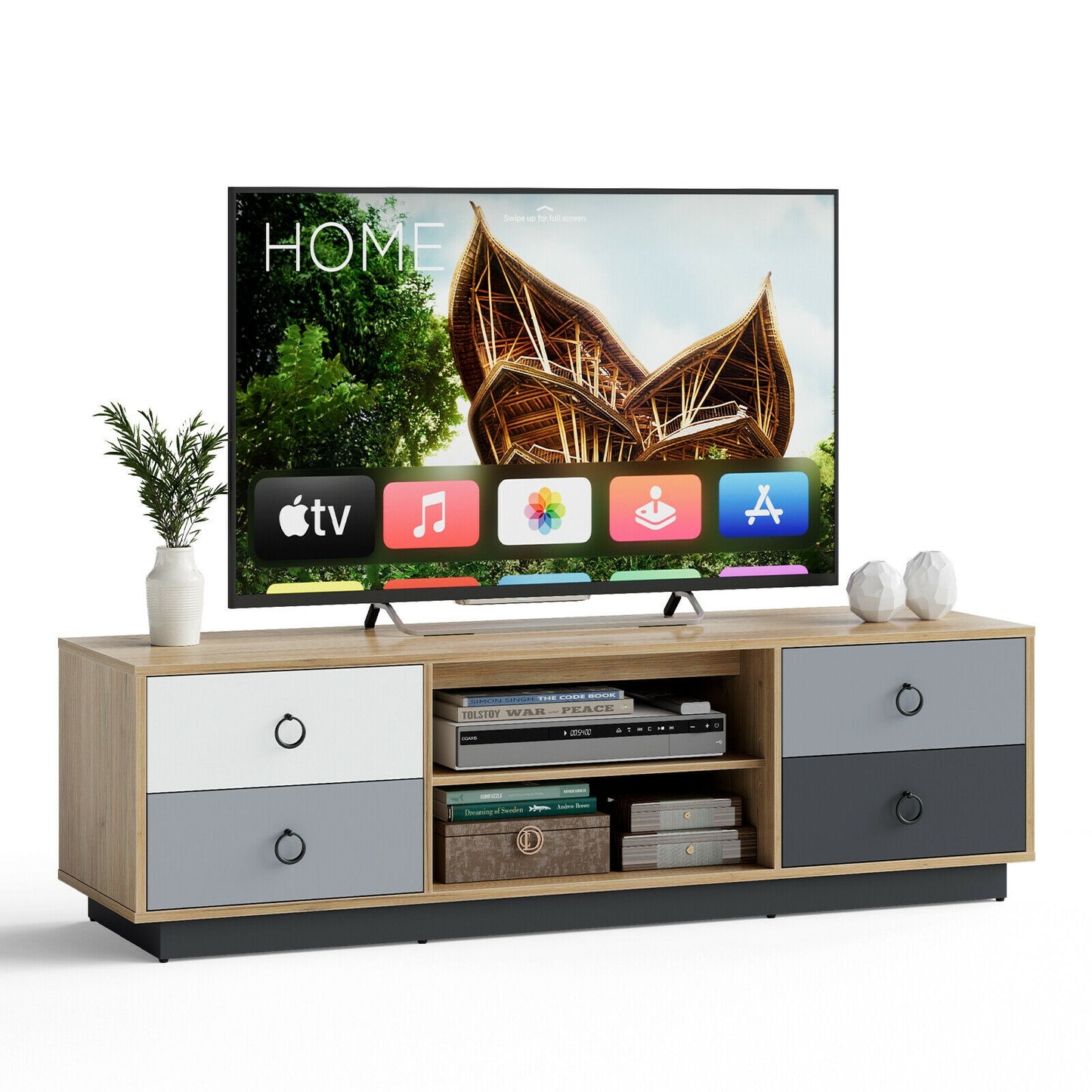 55 Inch Wooden TV Stand with Two Cabinets and Open Shelves for TVs up to 60 Inches