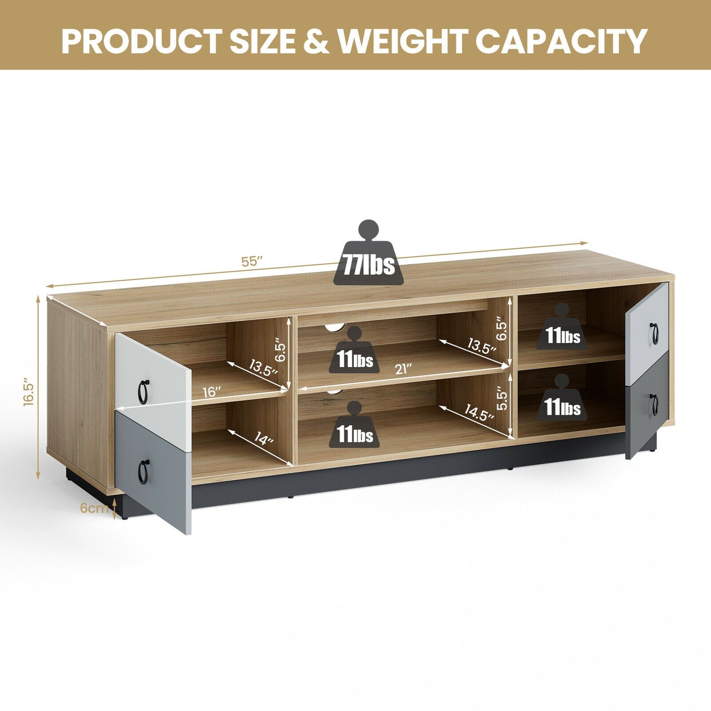 55 Inch Wooden TV Stand with Two Cabinets and Open Shelves for TVs up to 60 Inches