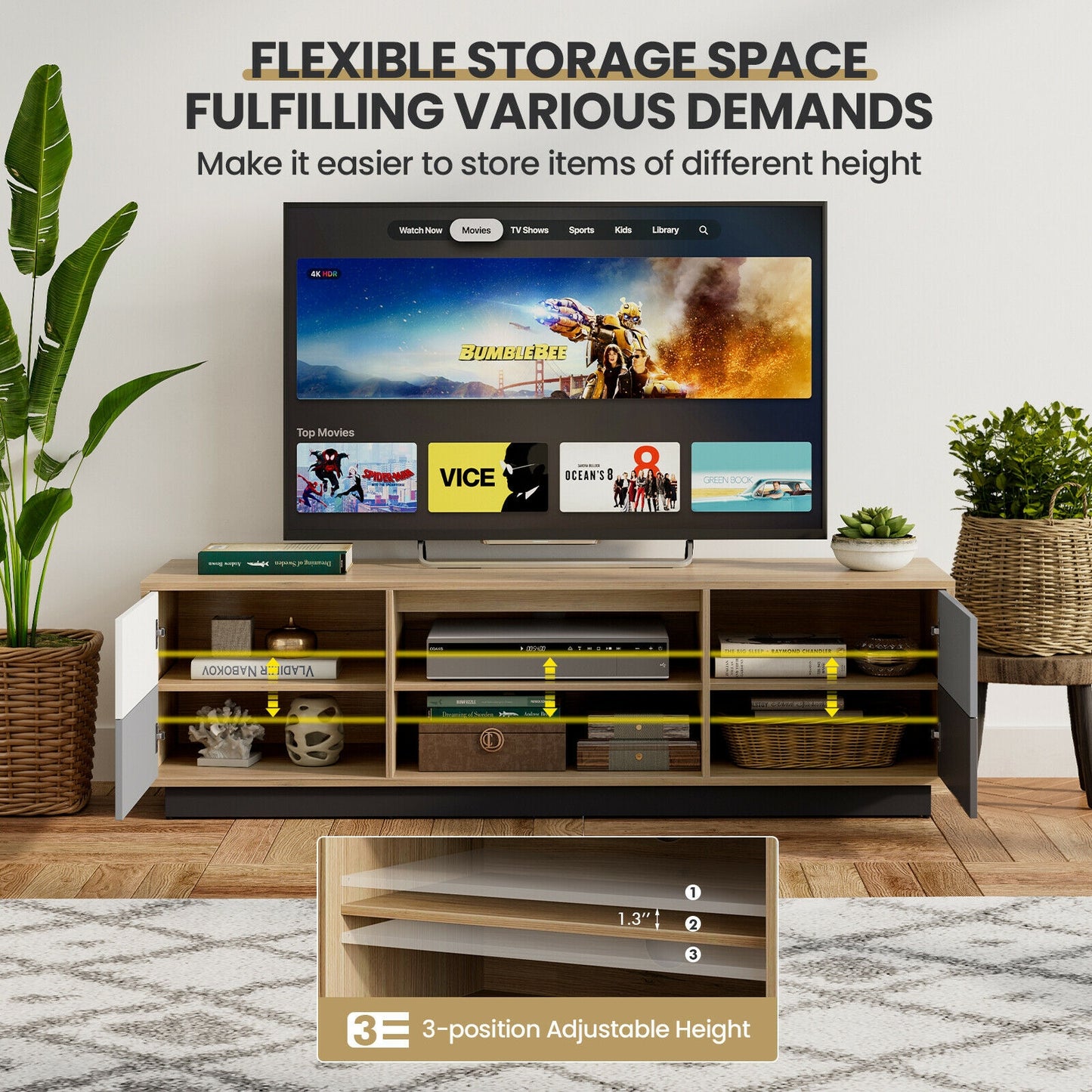 55 Inch Wooden TV Stand with Two Cabinets and Open Shelves for TVs up to 60 Inches