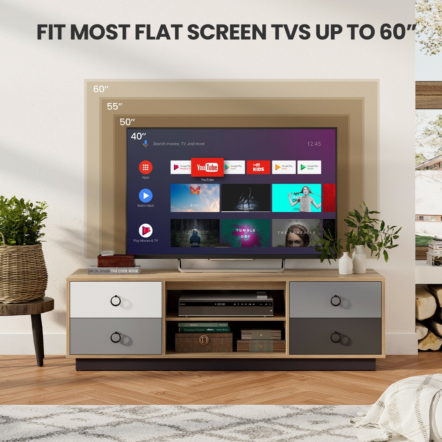 55 Inch Wooden TV Stand with Two Cabinets and Open Shelves for TVs up to 60 Inches