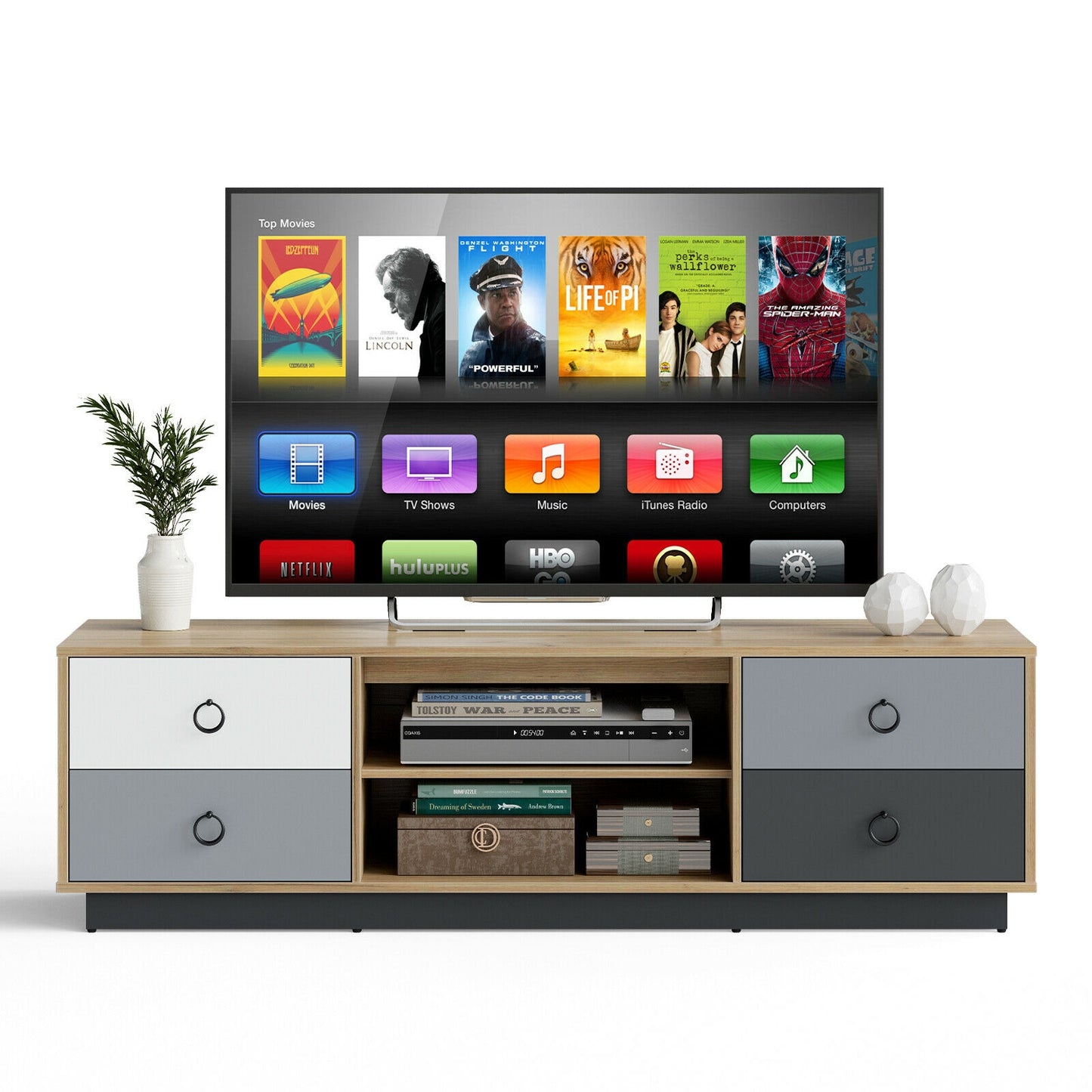 55 Inch Wooden TV Stand with Two Cabinets and Open Shelves for TVs up to 60 Inches